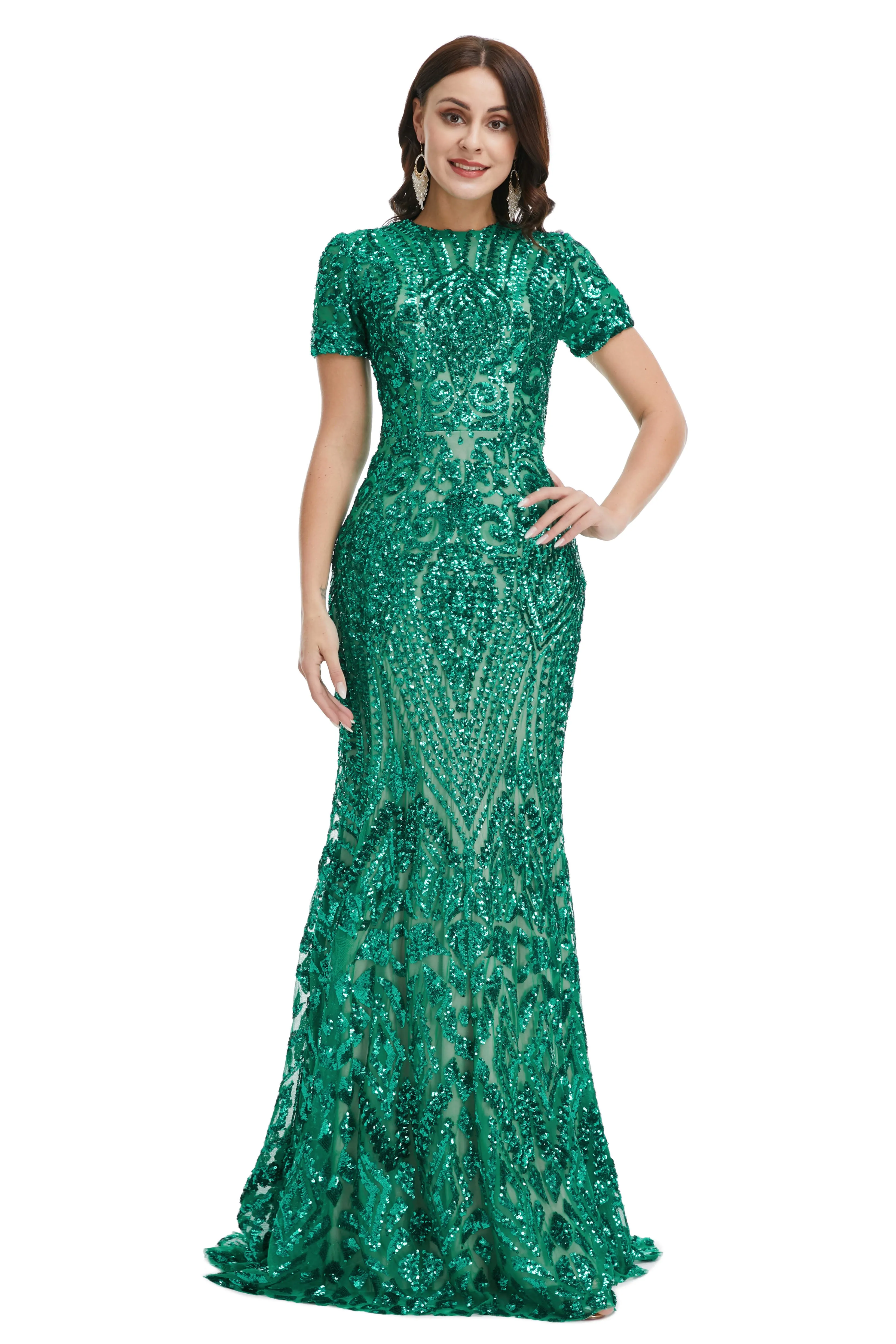 Short Sleeves Sequins A-Line Formal Evening Dress