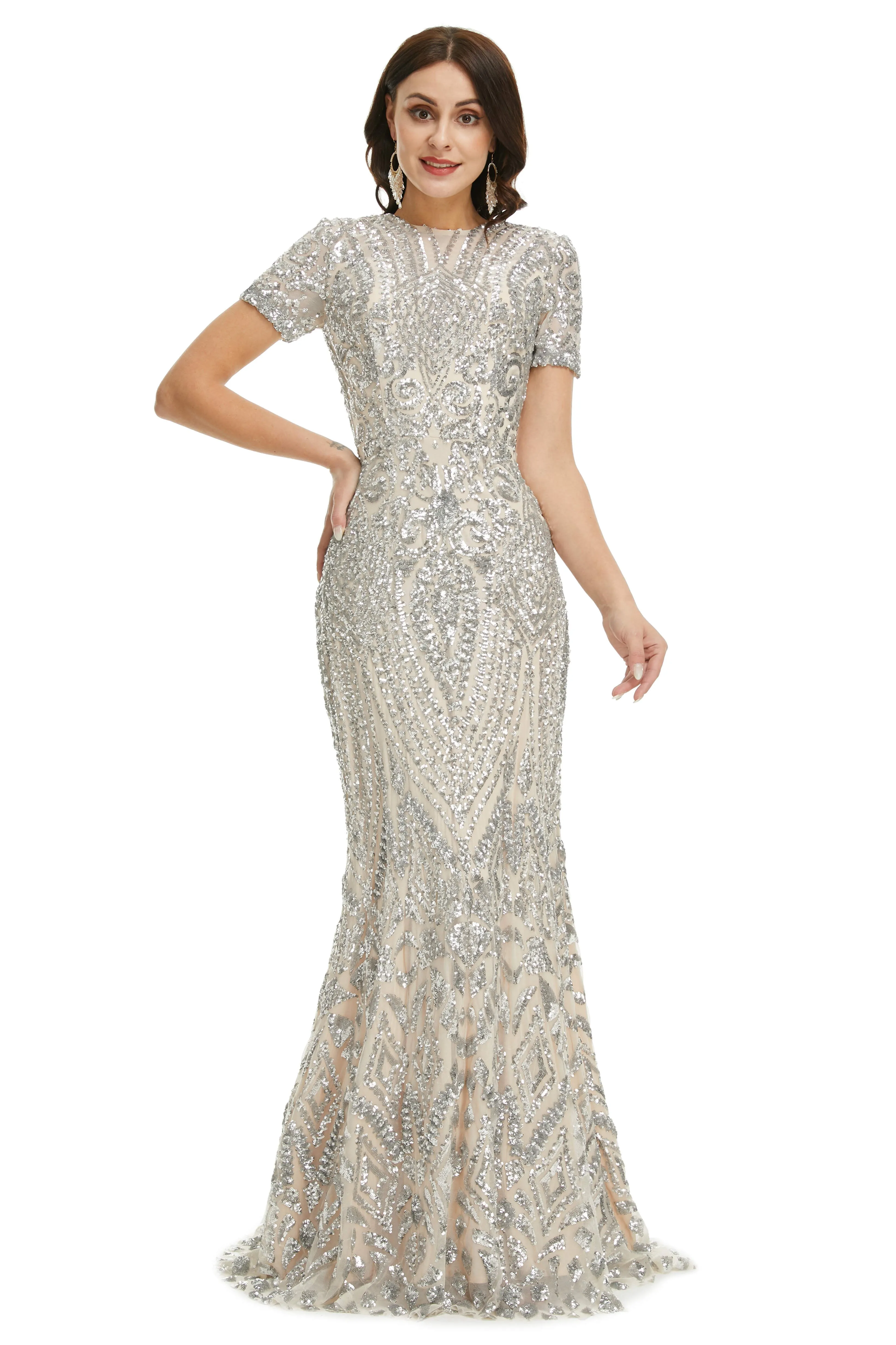 Short Sleeves Sequins A-Line Formal Evening Dress