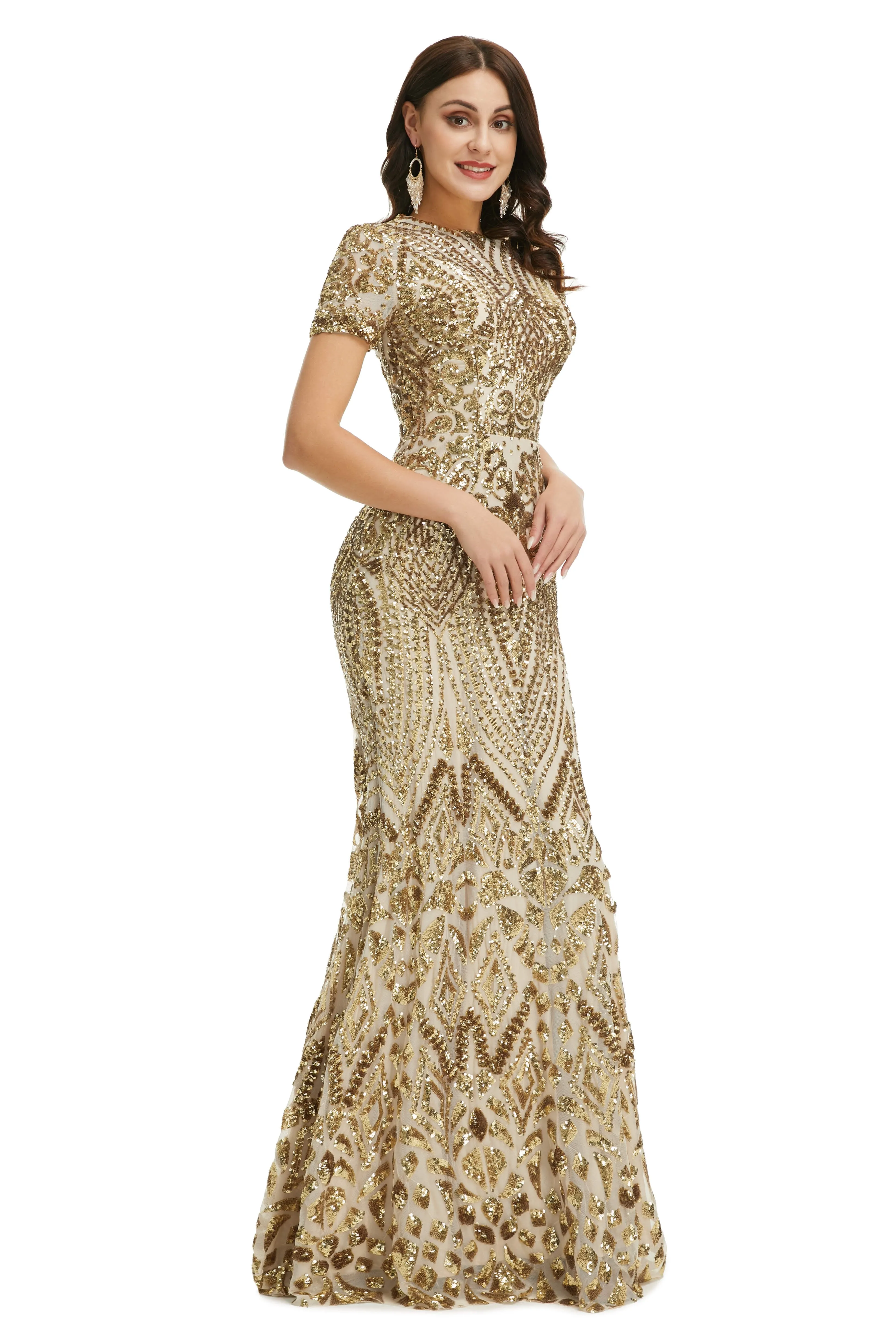 Short Sleeves Sequins A-Line Formal Evening Dress