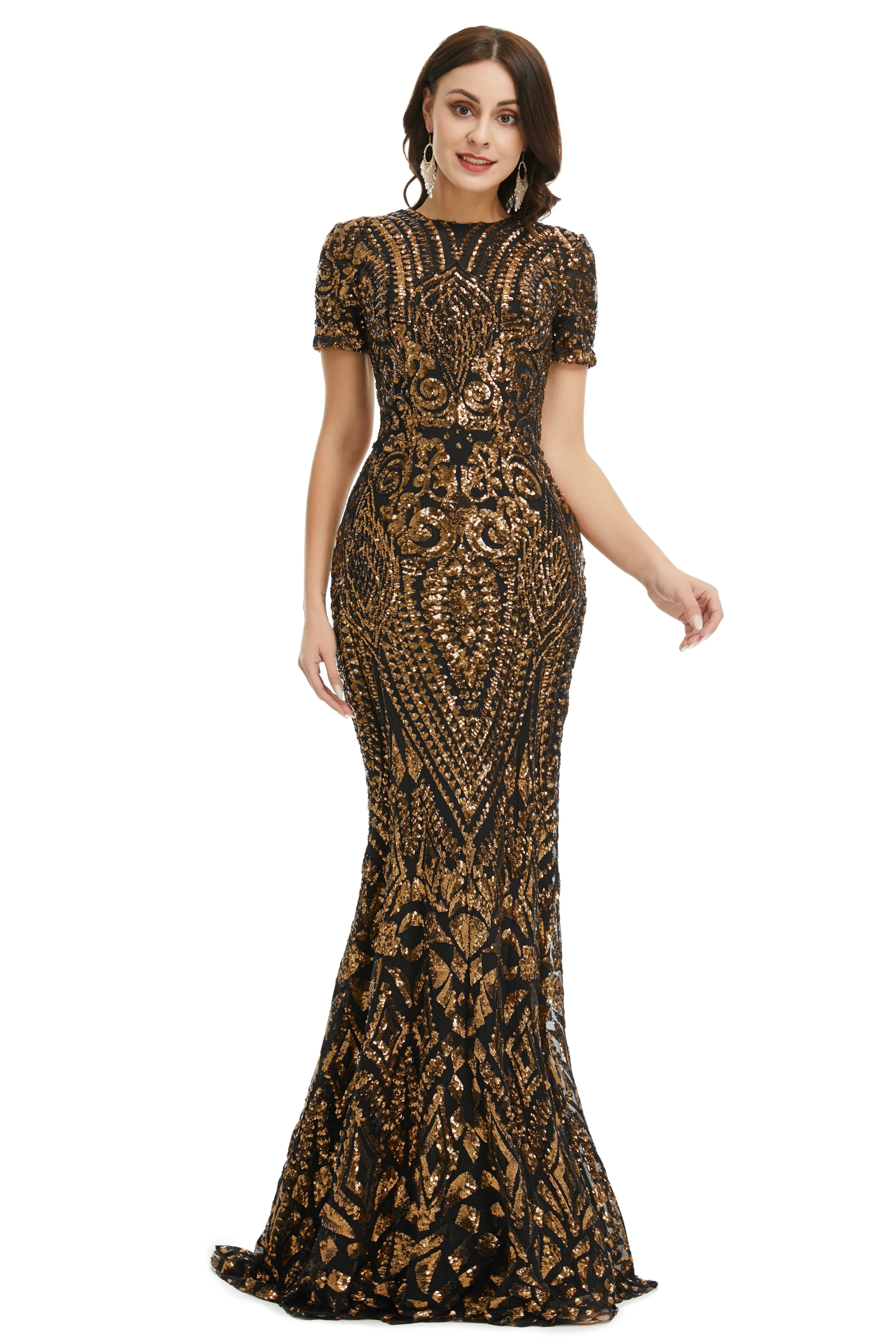 Short Sleeves Sequins A-Line Formal Evening Dress