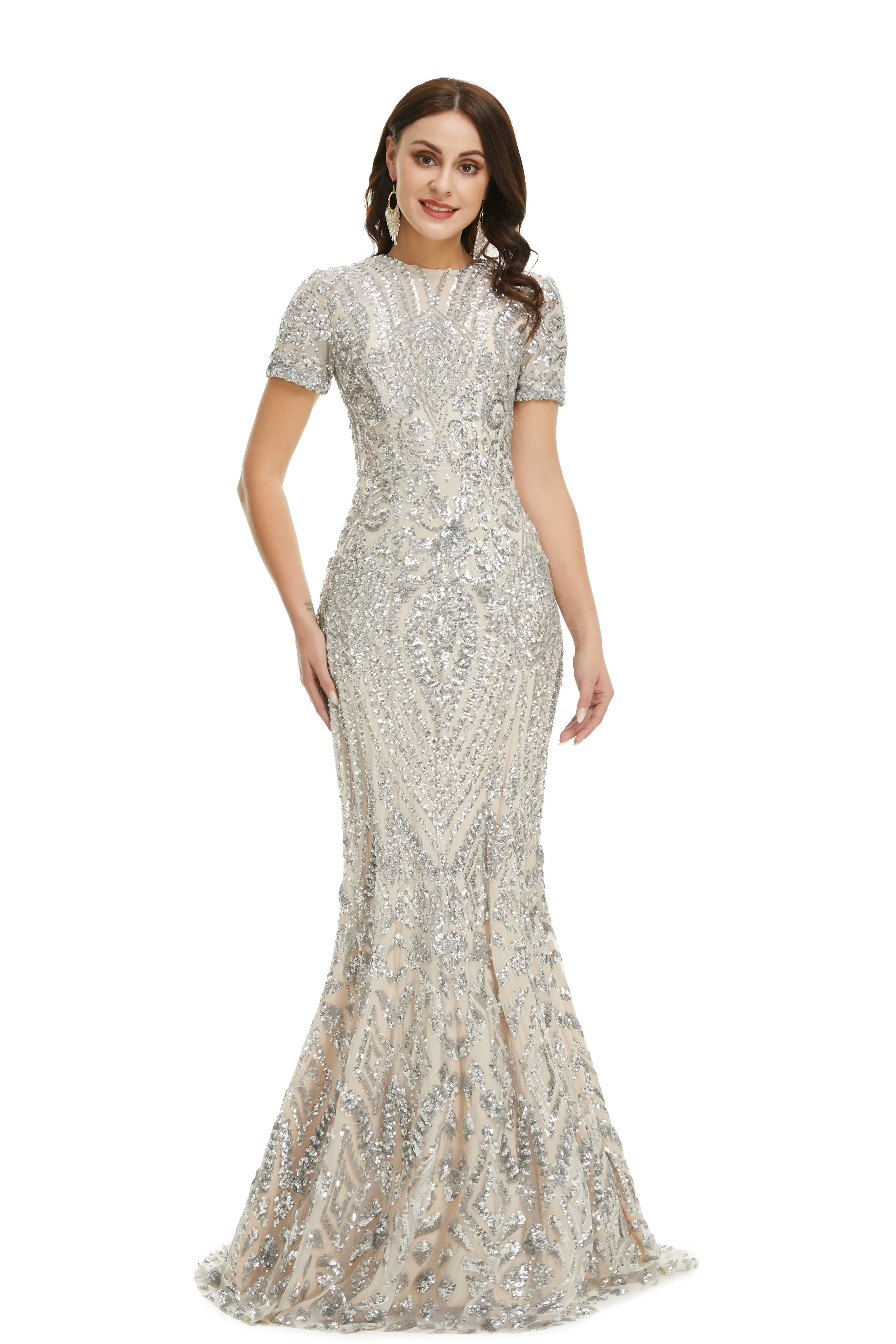 Short Sleeves Sequins A-Line Formal Evening Dress