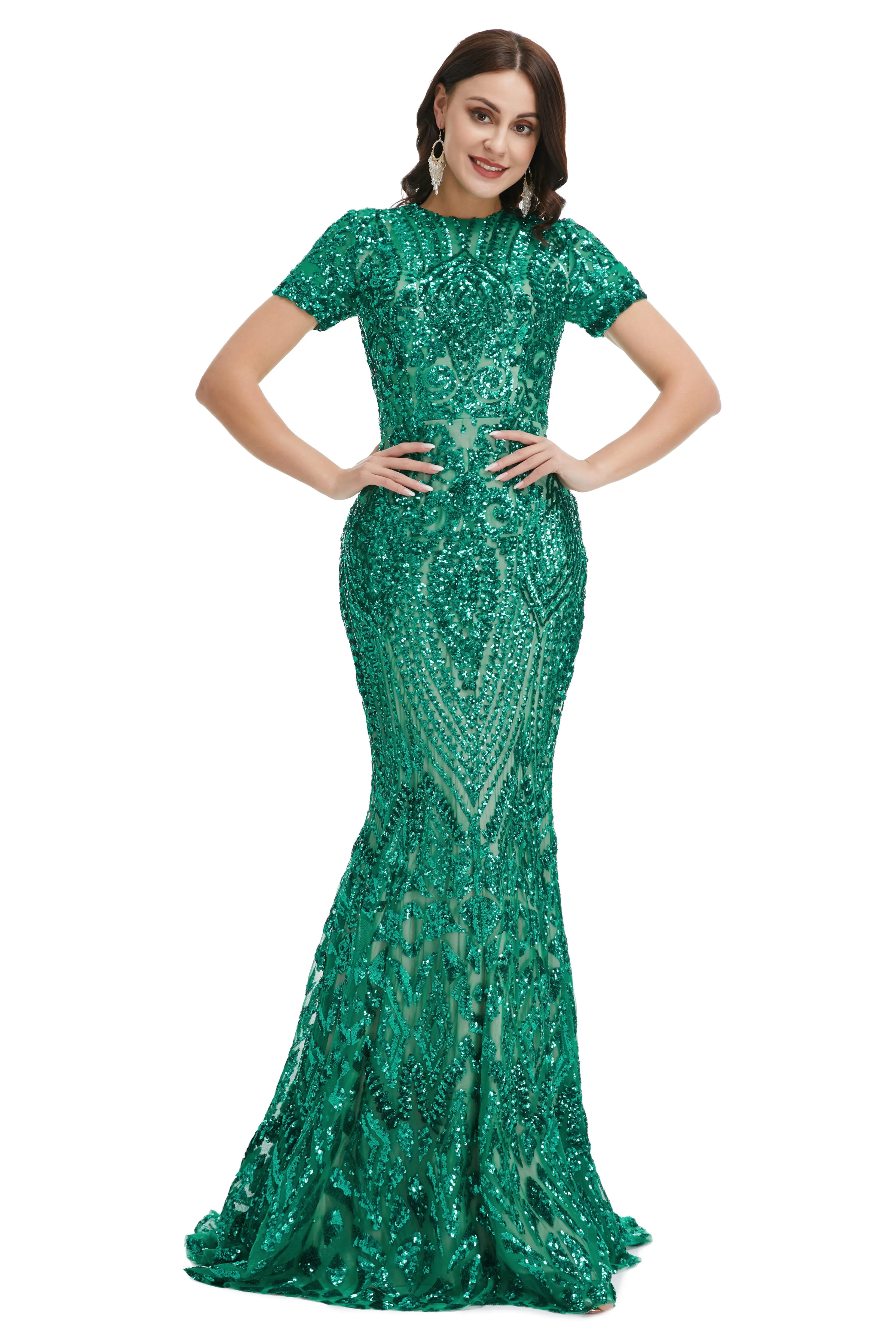 Short Sleeves Sequins A-Line Formal Evening Dress