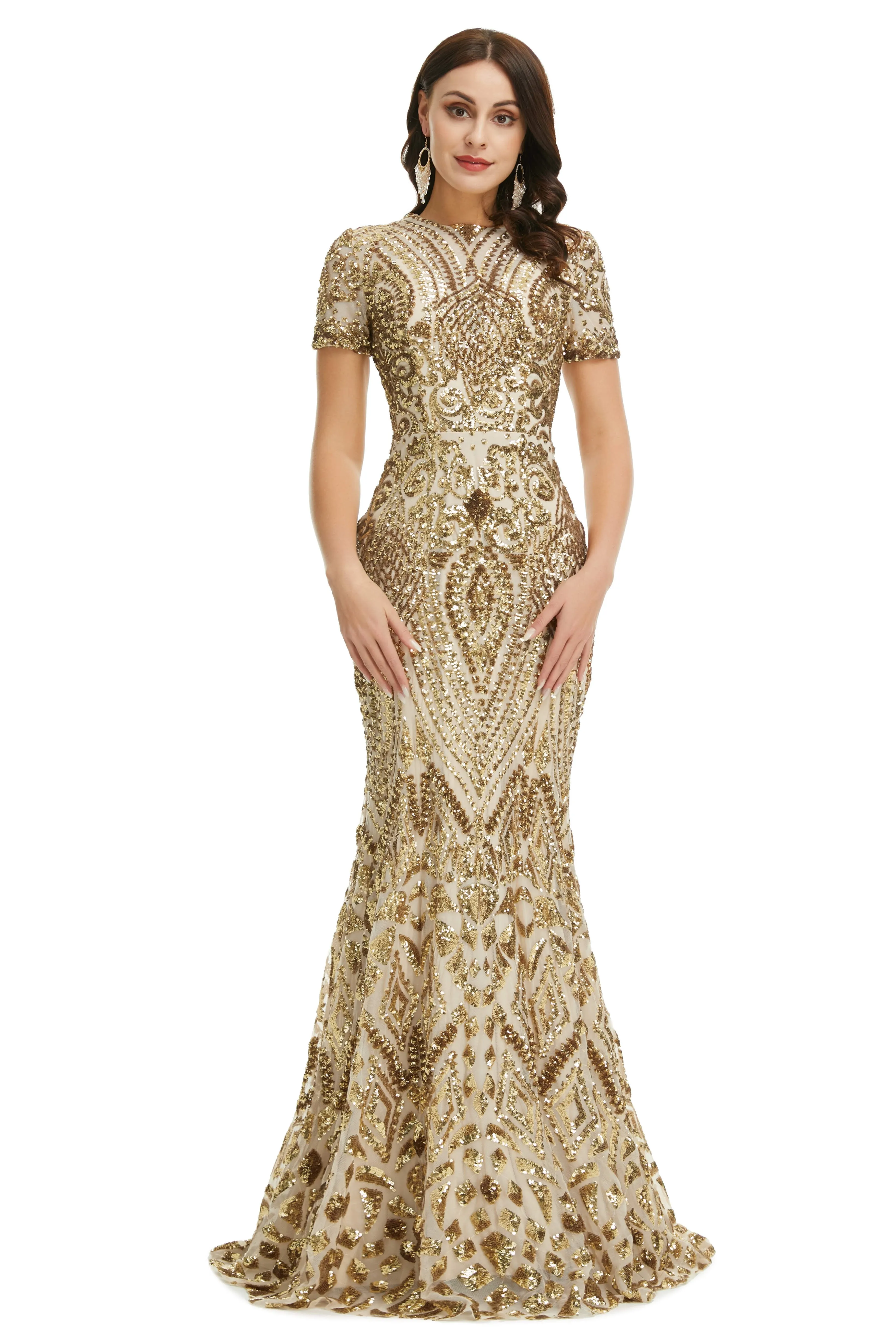 Short Sleeves Sequins A-Line Formal Evening Dress