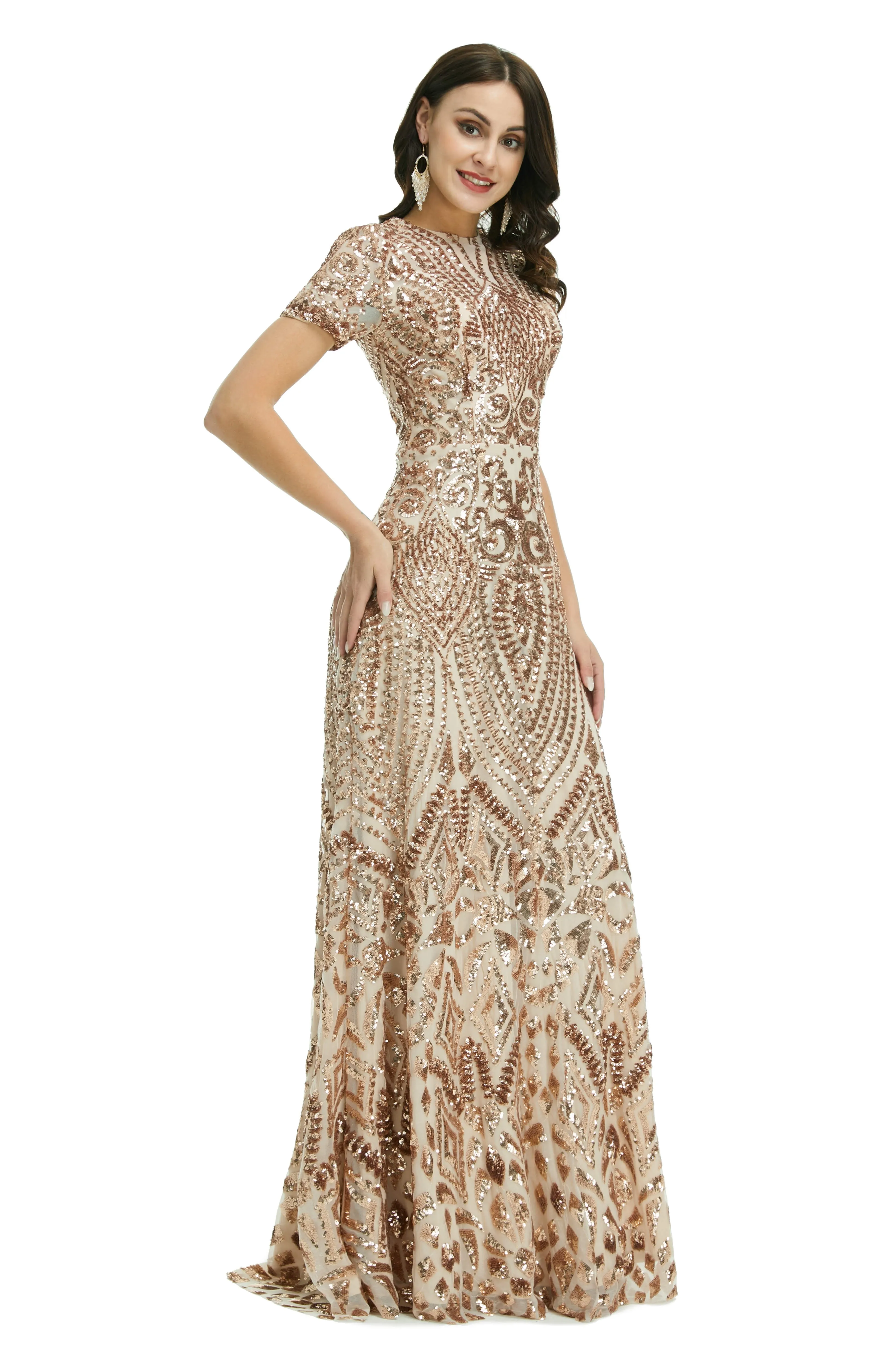 Short Sleeves Sequins A-Line Formal Evening Dress