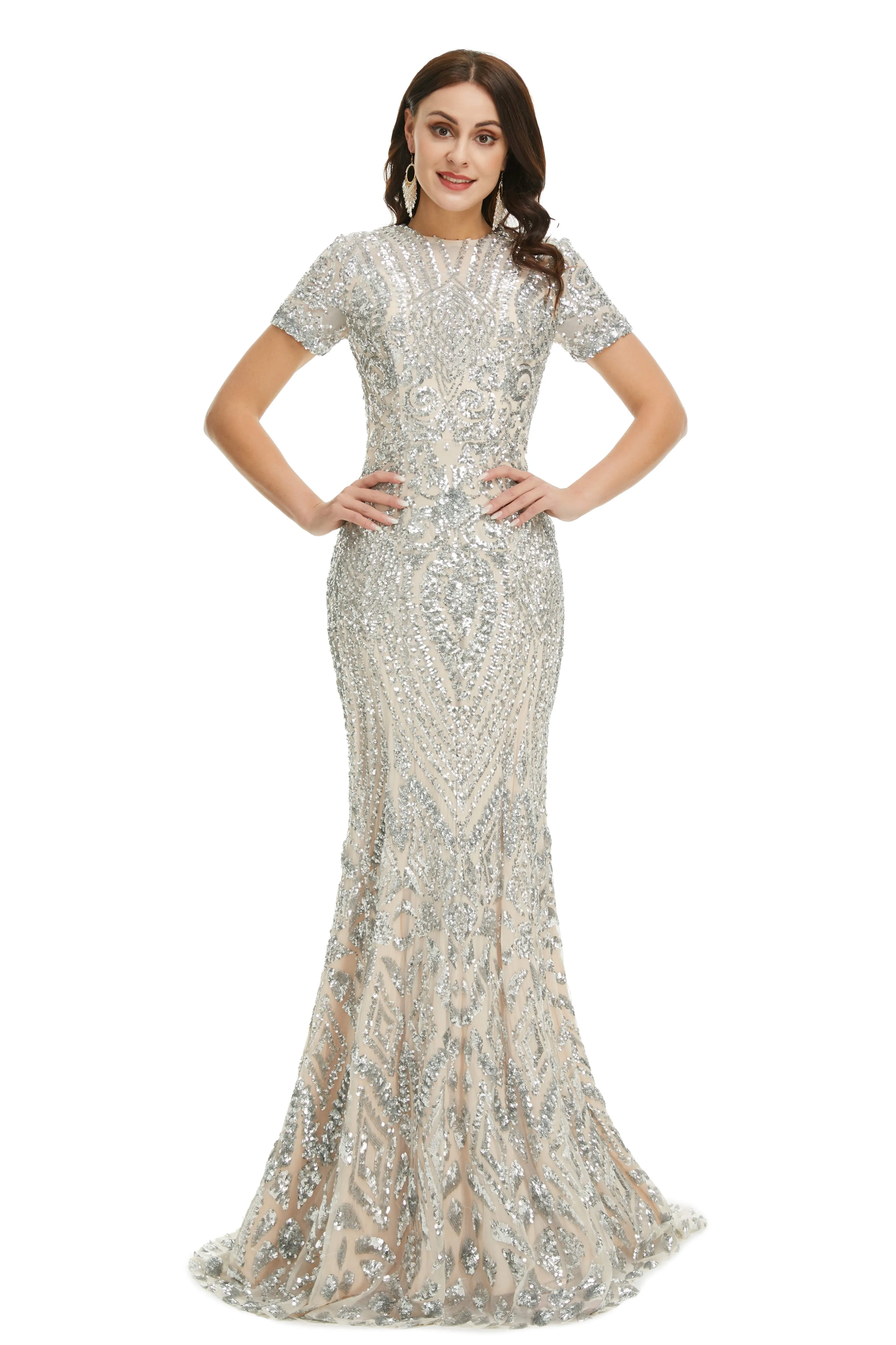 Short Sleeves Sequins A-Line Formal Evening Dress