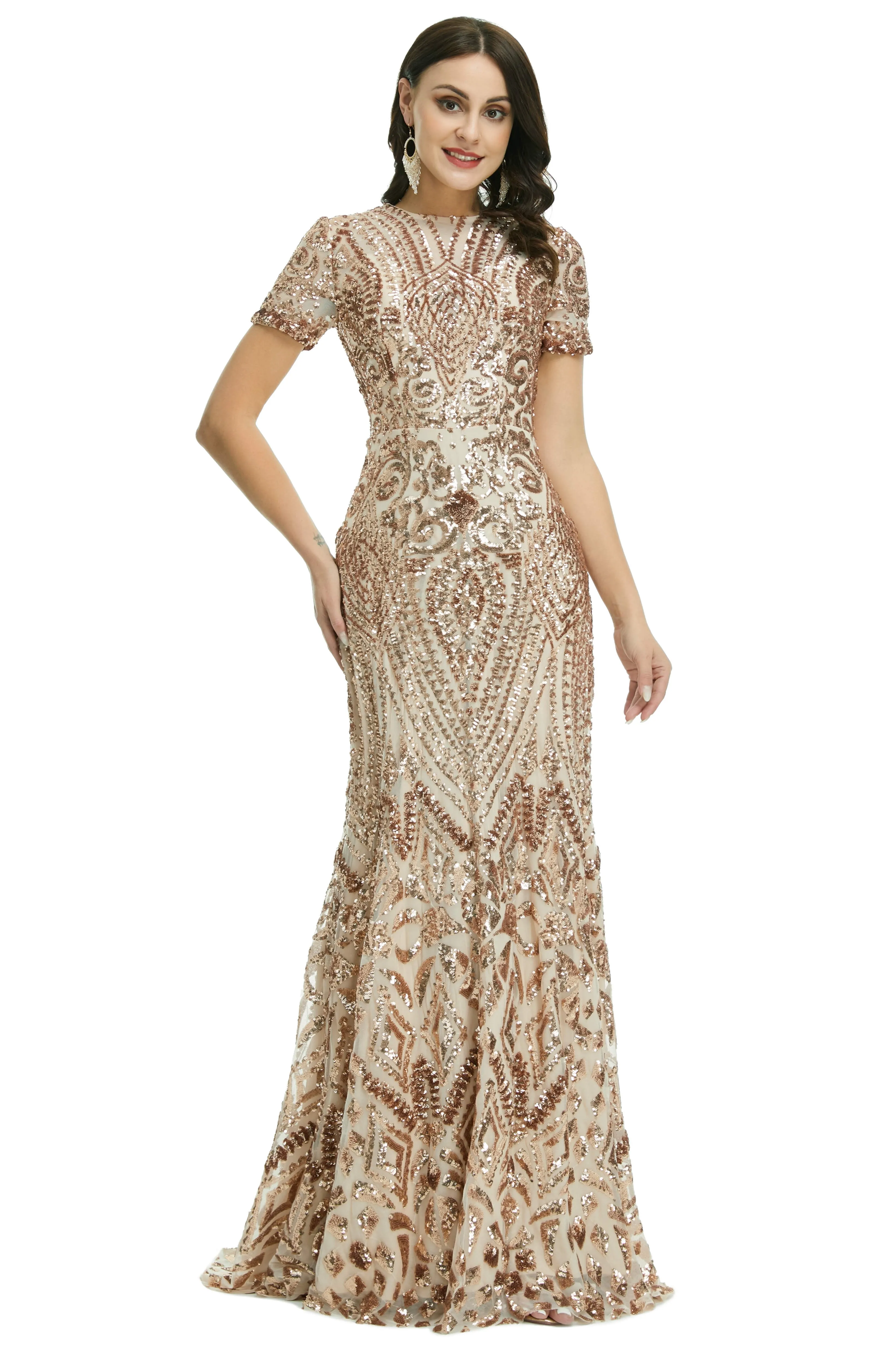 Short Sleeves Sequins A-Line Formal Evening Dress