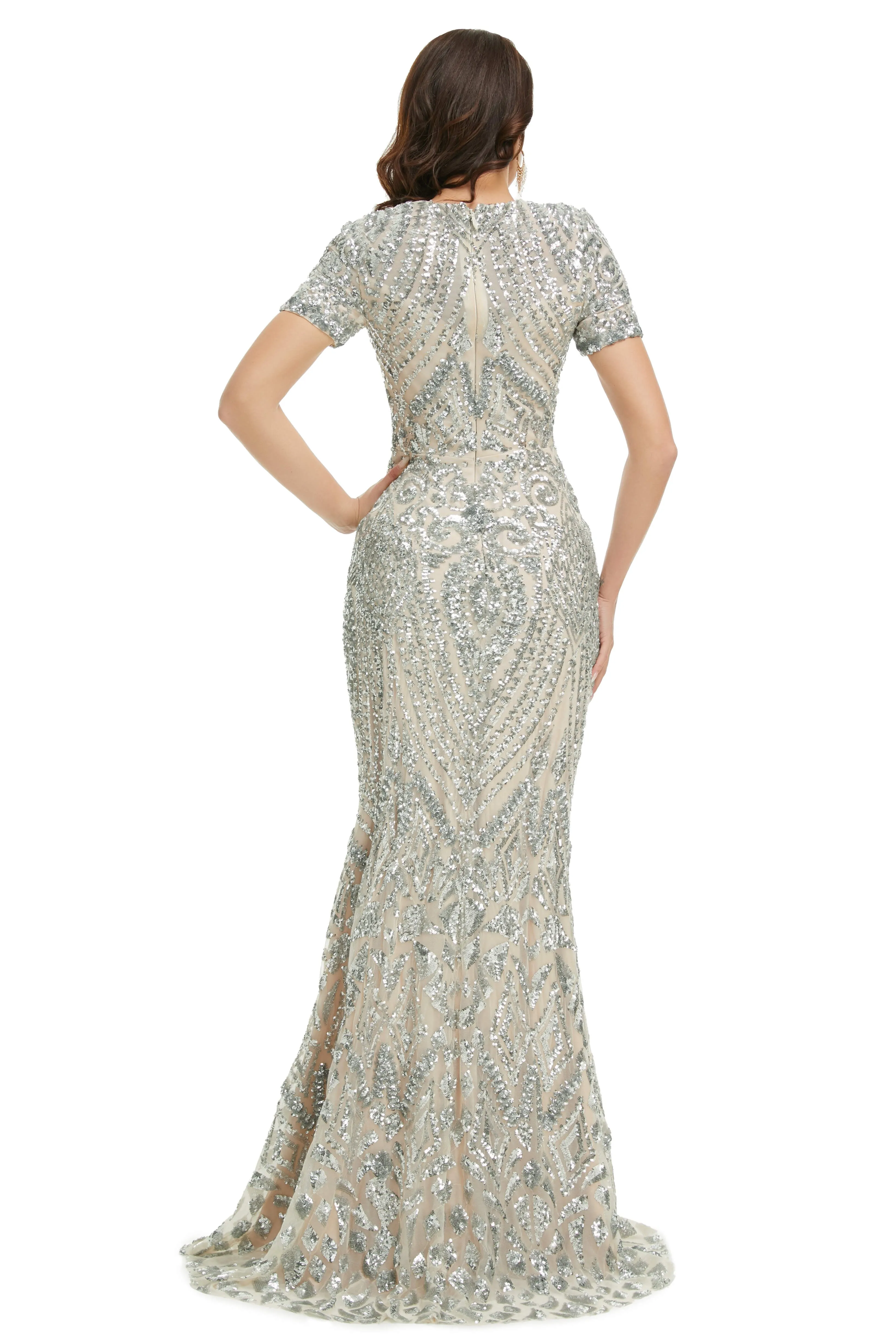 Short Sleeves Sequins A-Line Formal Evening Dress