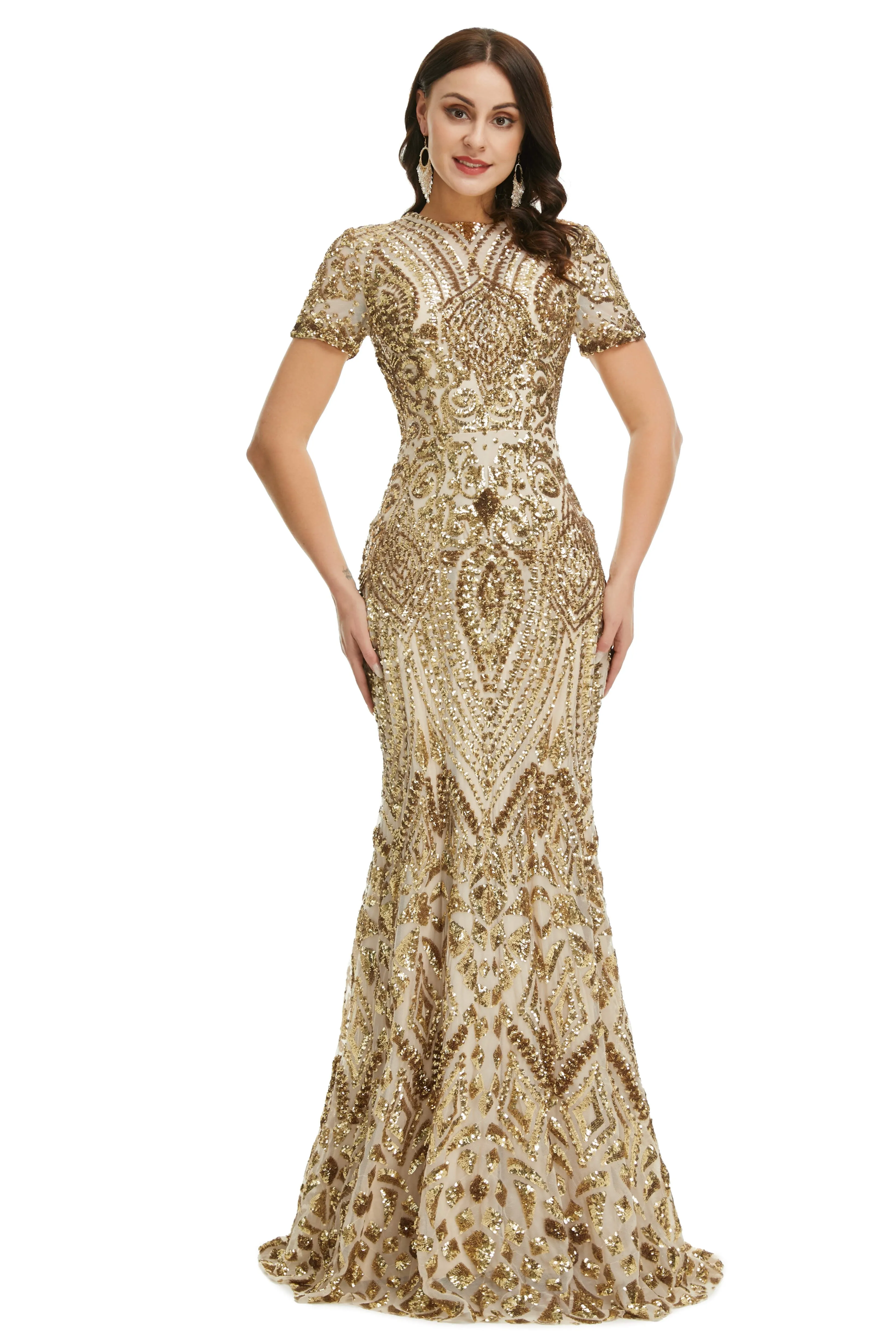 Short Sleeves Sequins A-Line Formal Evening Dress