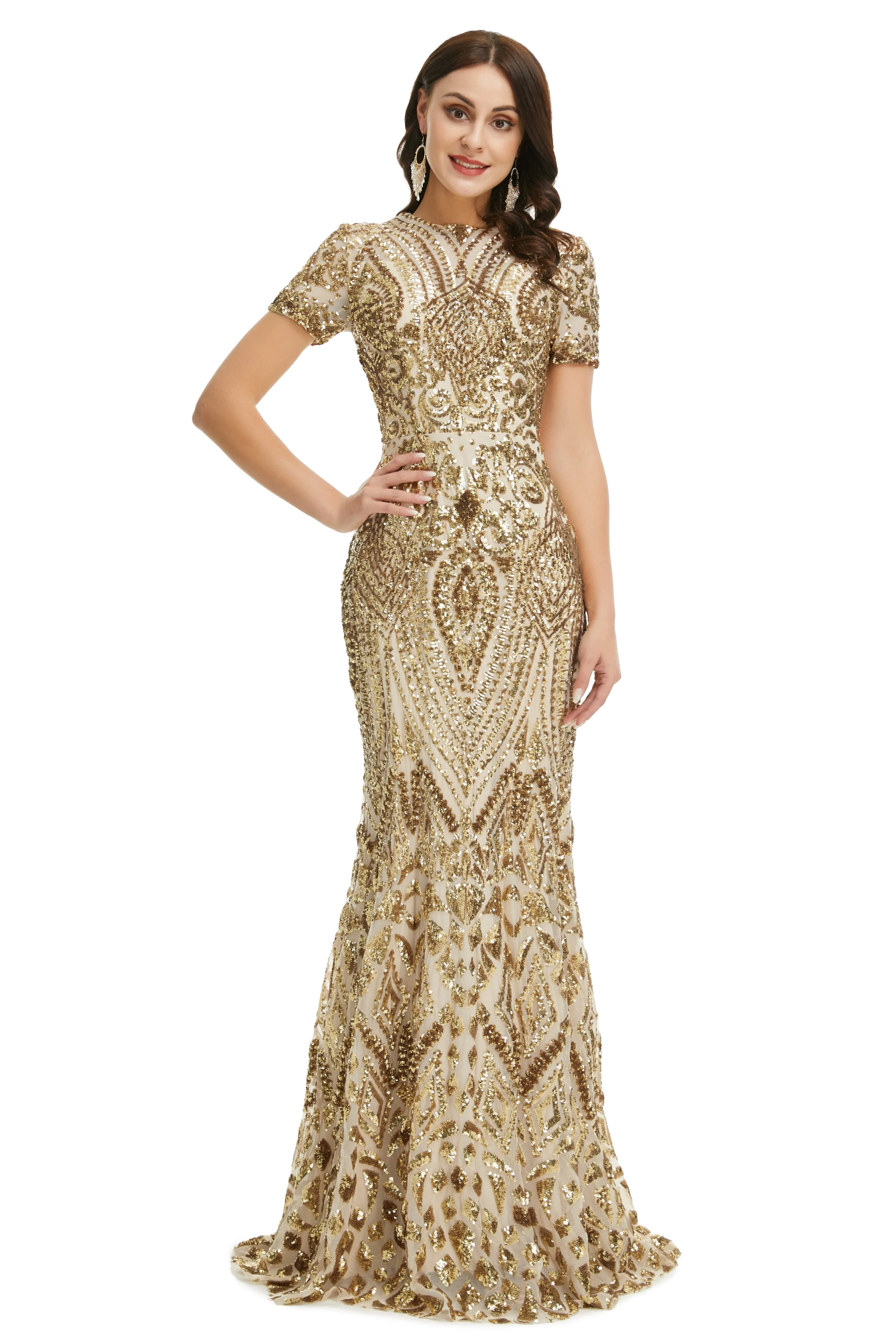 Short Sleeves Sequins A-Line Formal Evening Dress