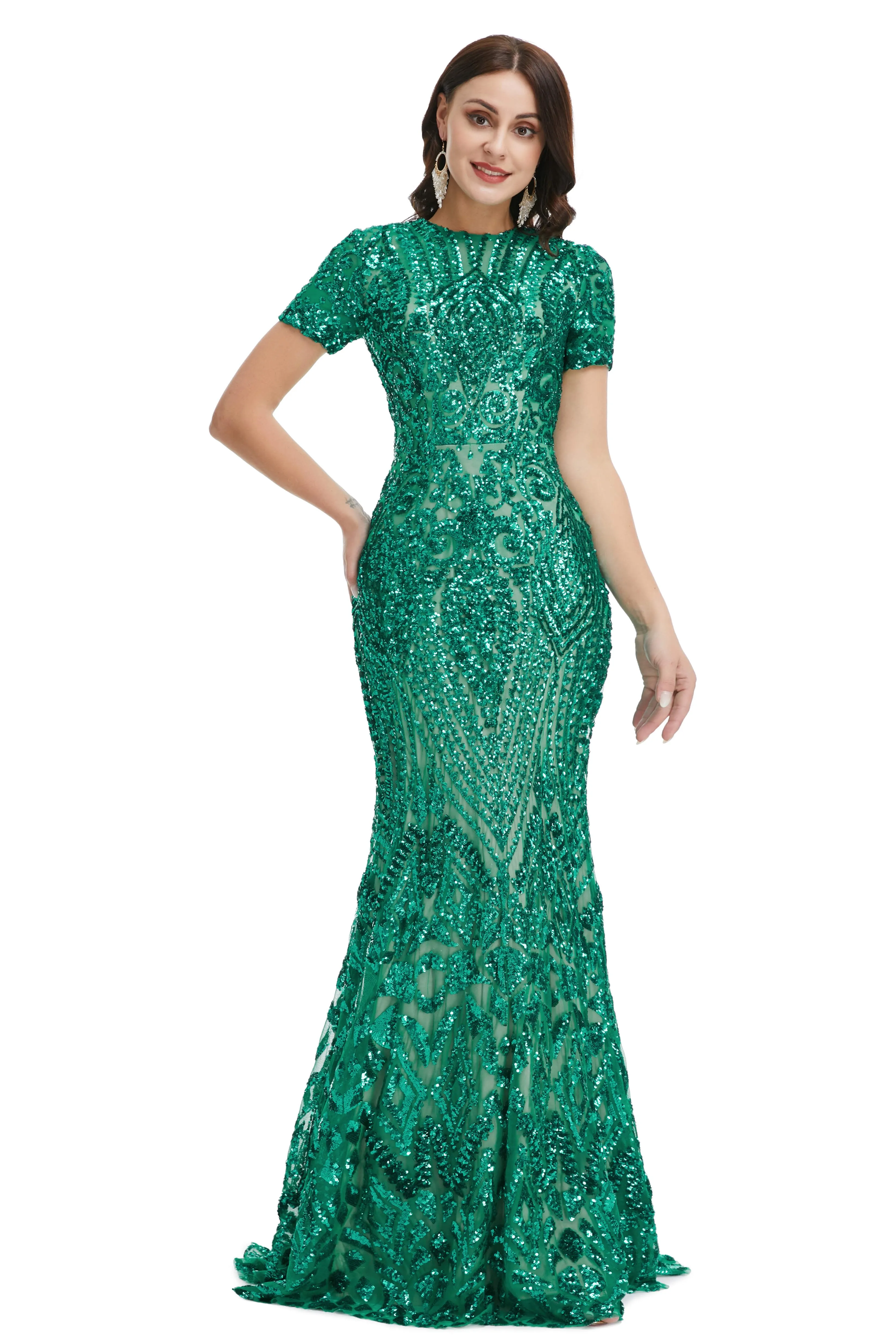 Short Sleeves Sequins A-Line Formal Evening Dress