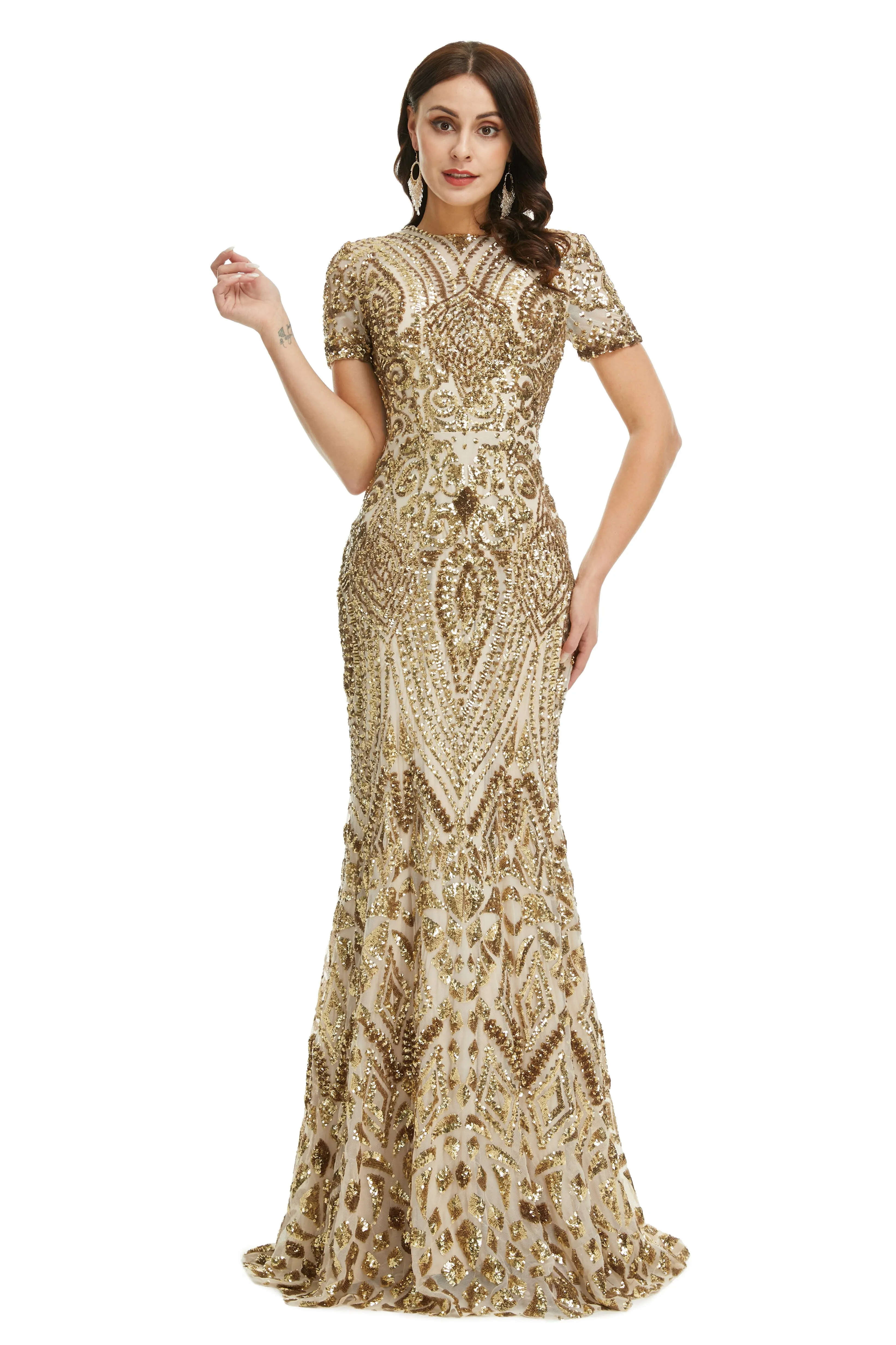 Short Sleeves Sequins A-Line Formal Evening Dress