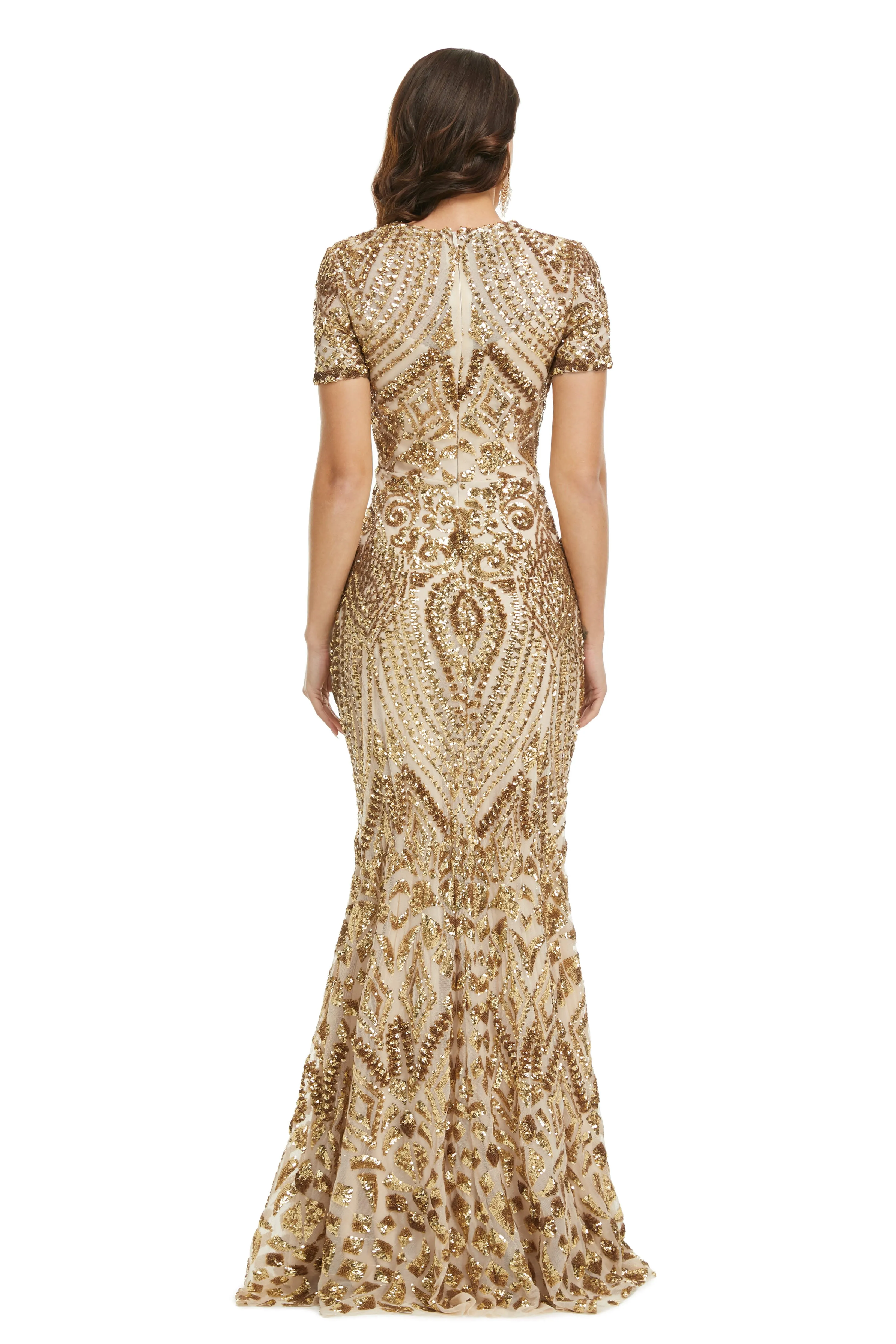 Short Sleeves Sequins A-Line Formal Evening Dress