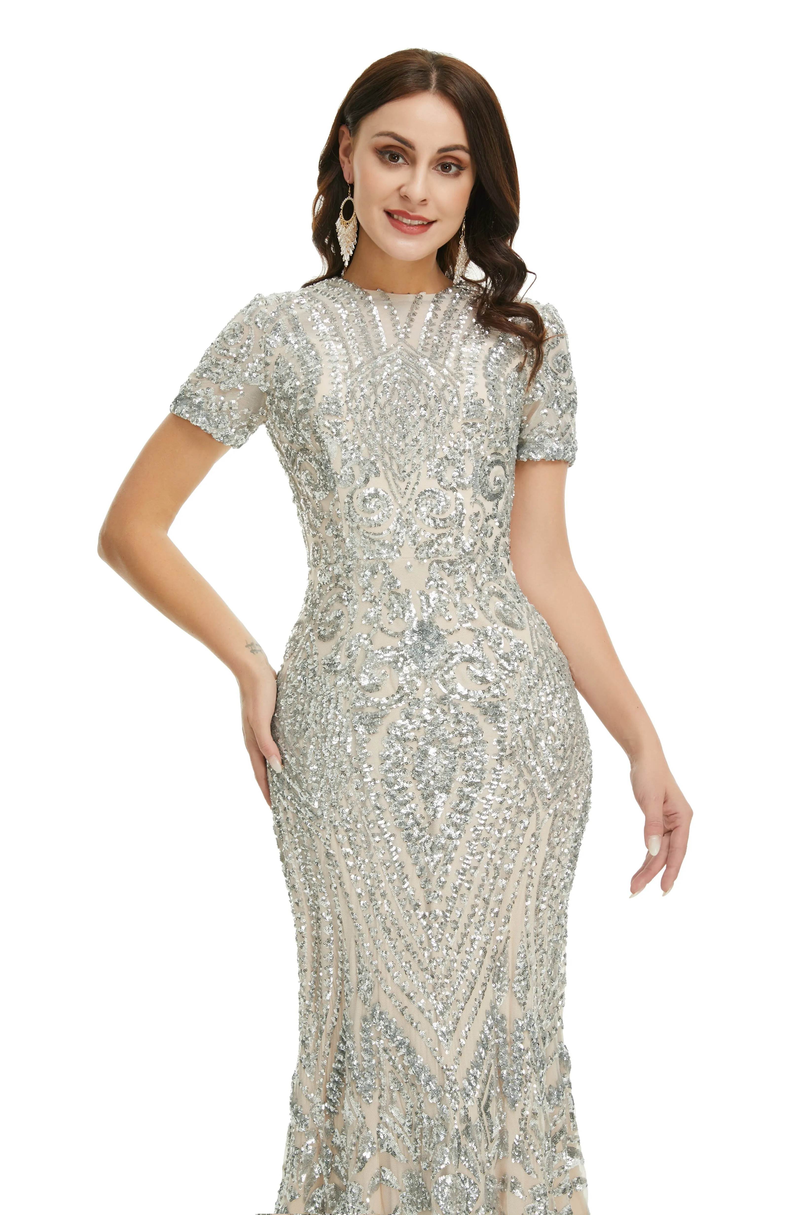 Short Sleeves Sequins A-Line Formal Evening Dress