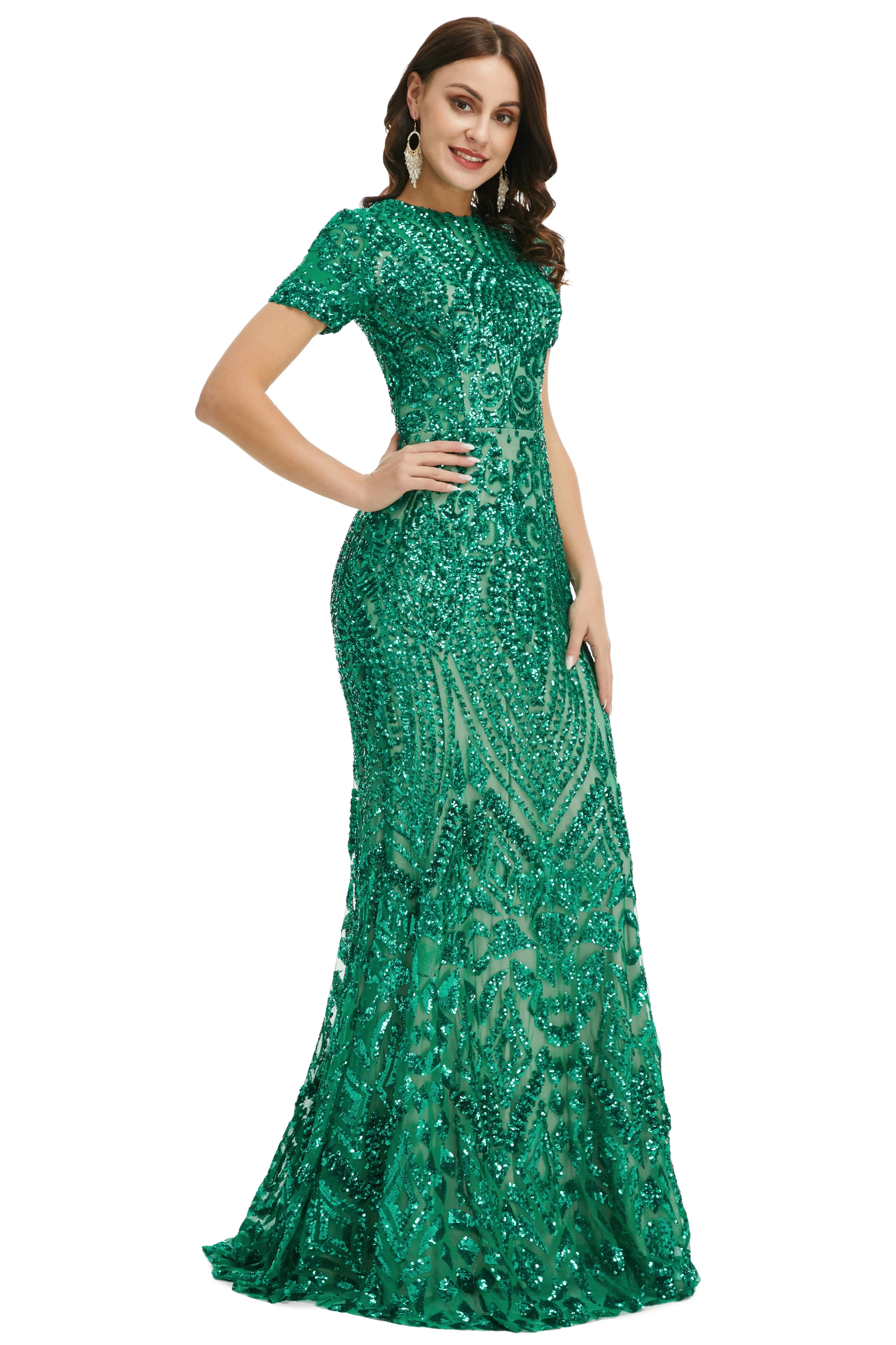 Short Sleeves Sequins A-Line Formal Evening Dress