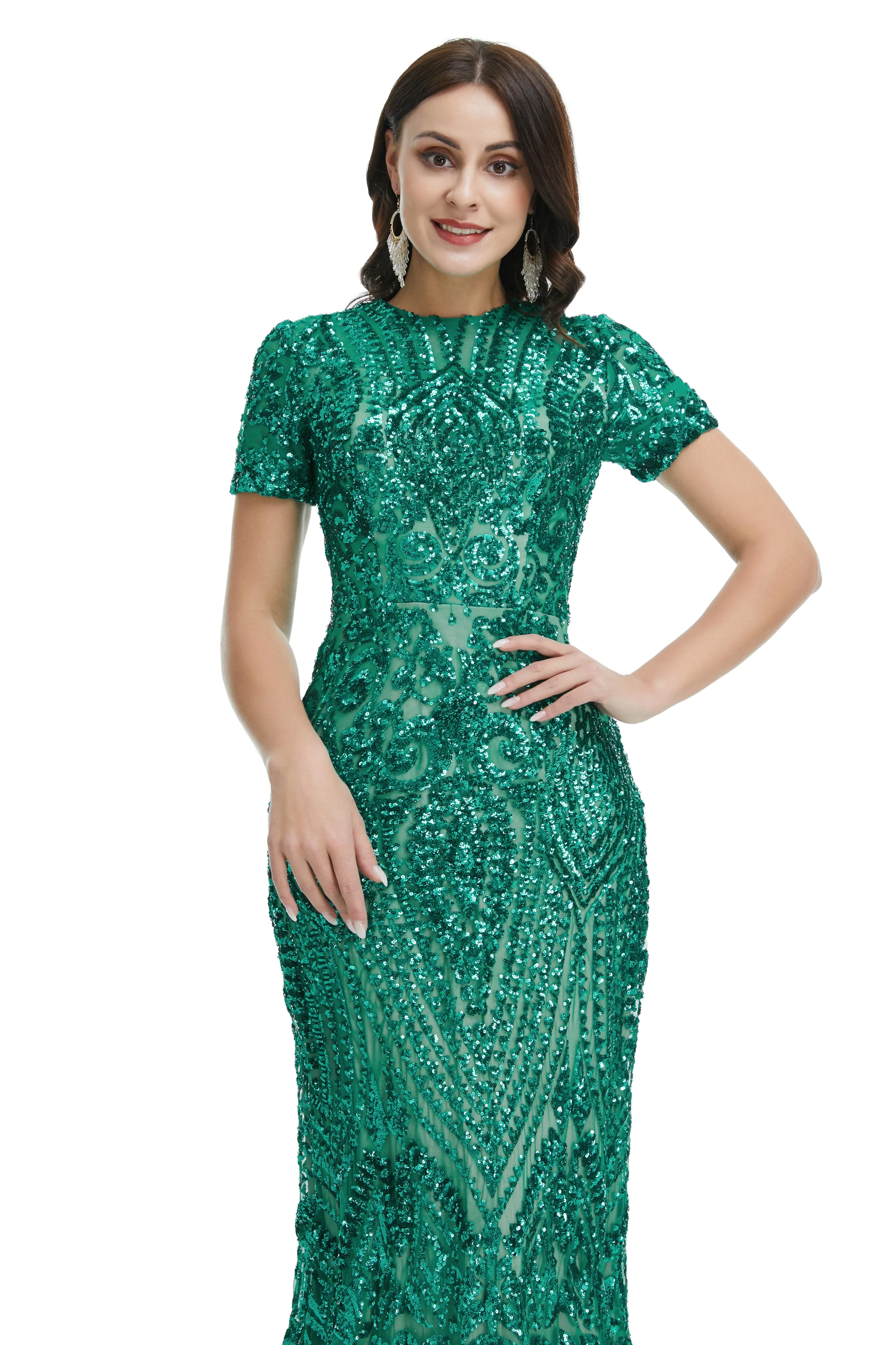 Short Sleeves Sequins A-Line Formal Evening Dress