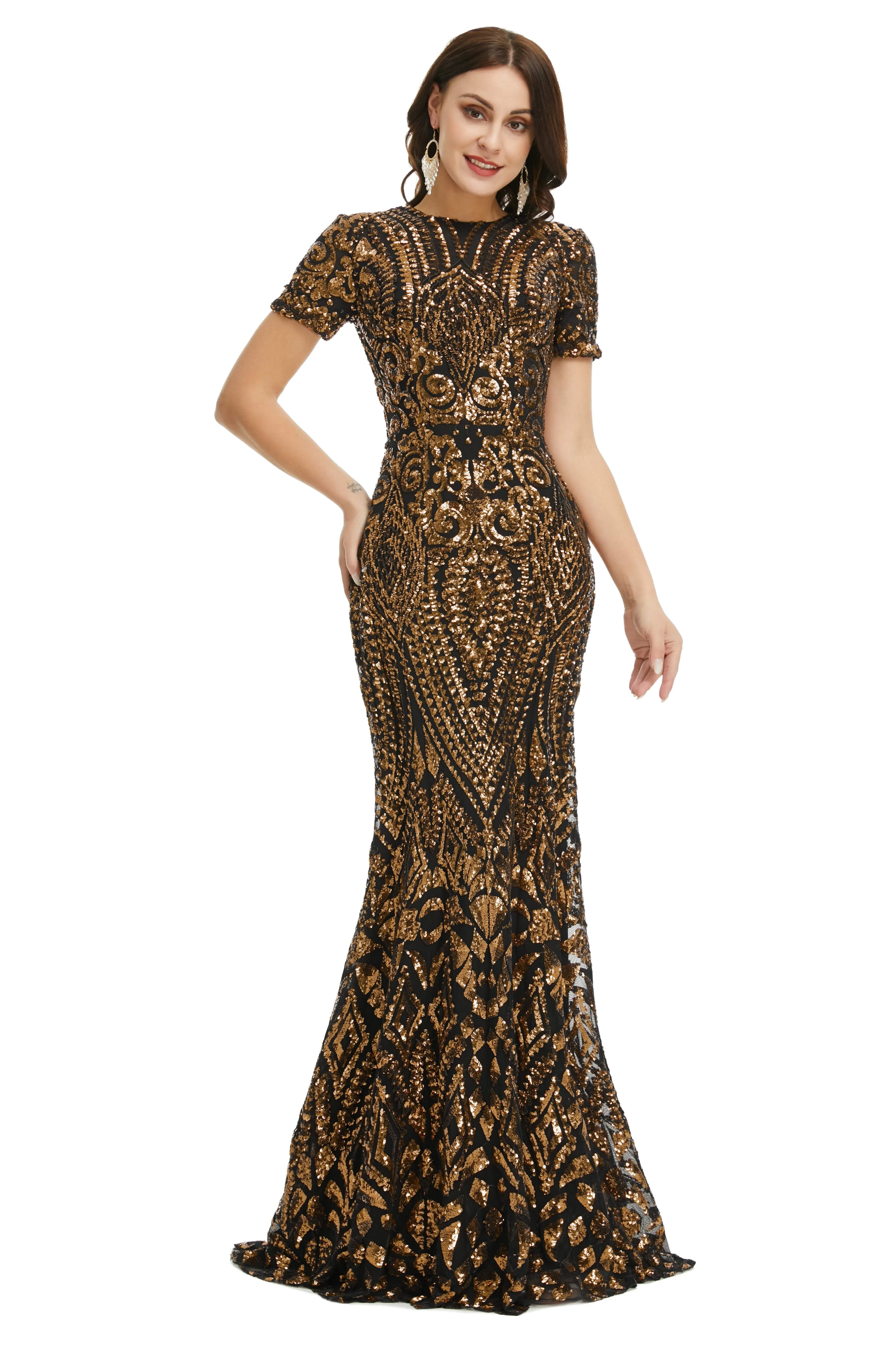 Short Sleeves Sequins A-Line Formal Evening Dress