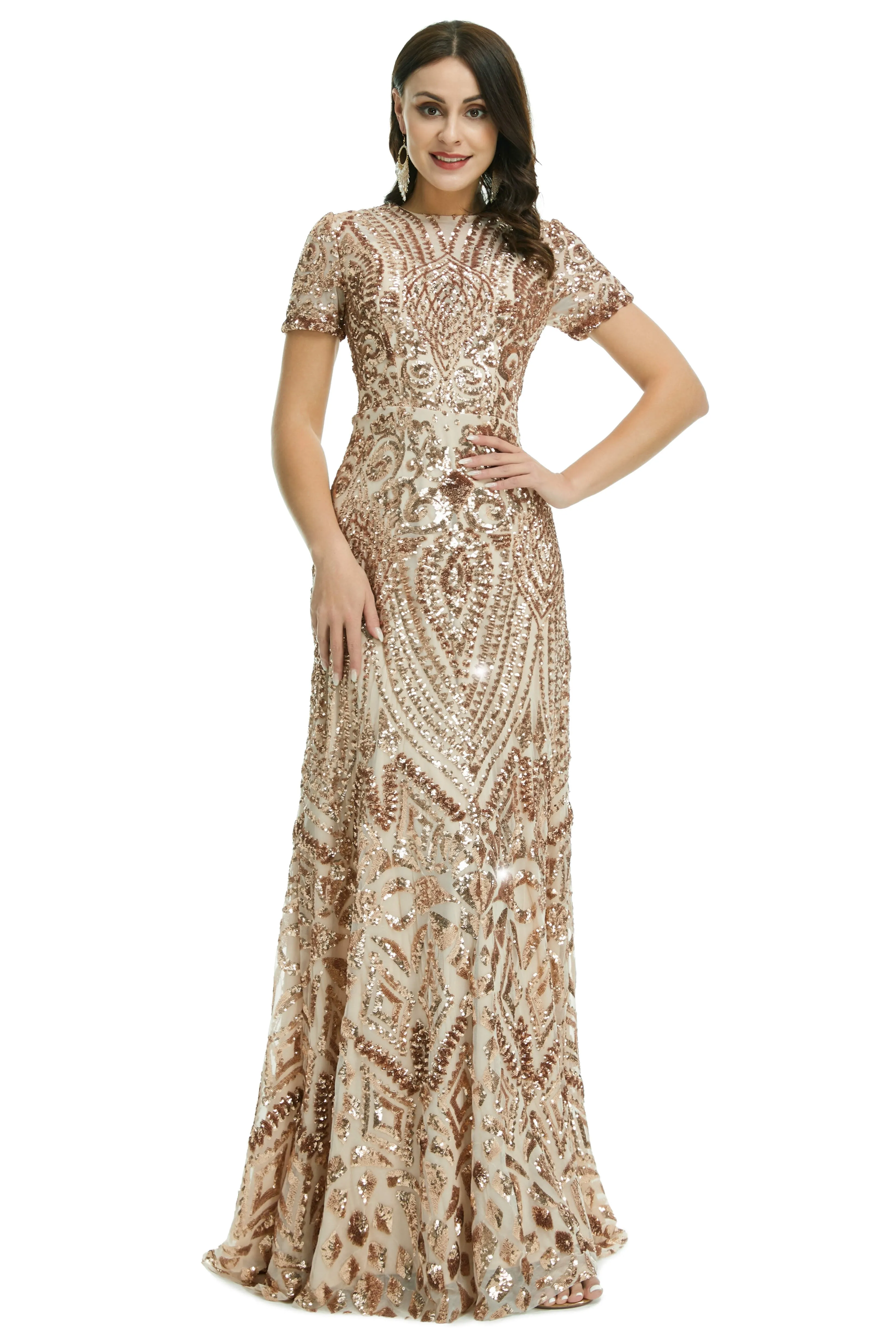 Short Sleeves Sequins A-Line Formal Evening Dress