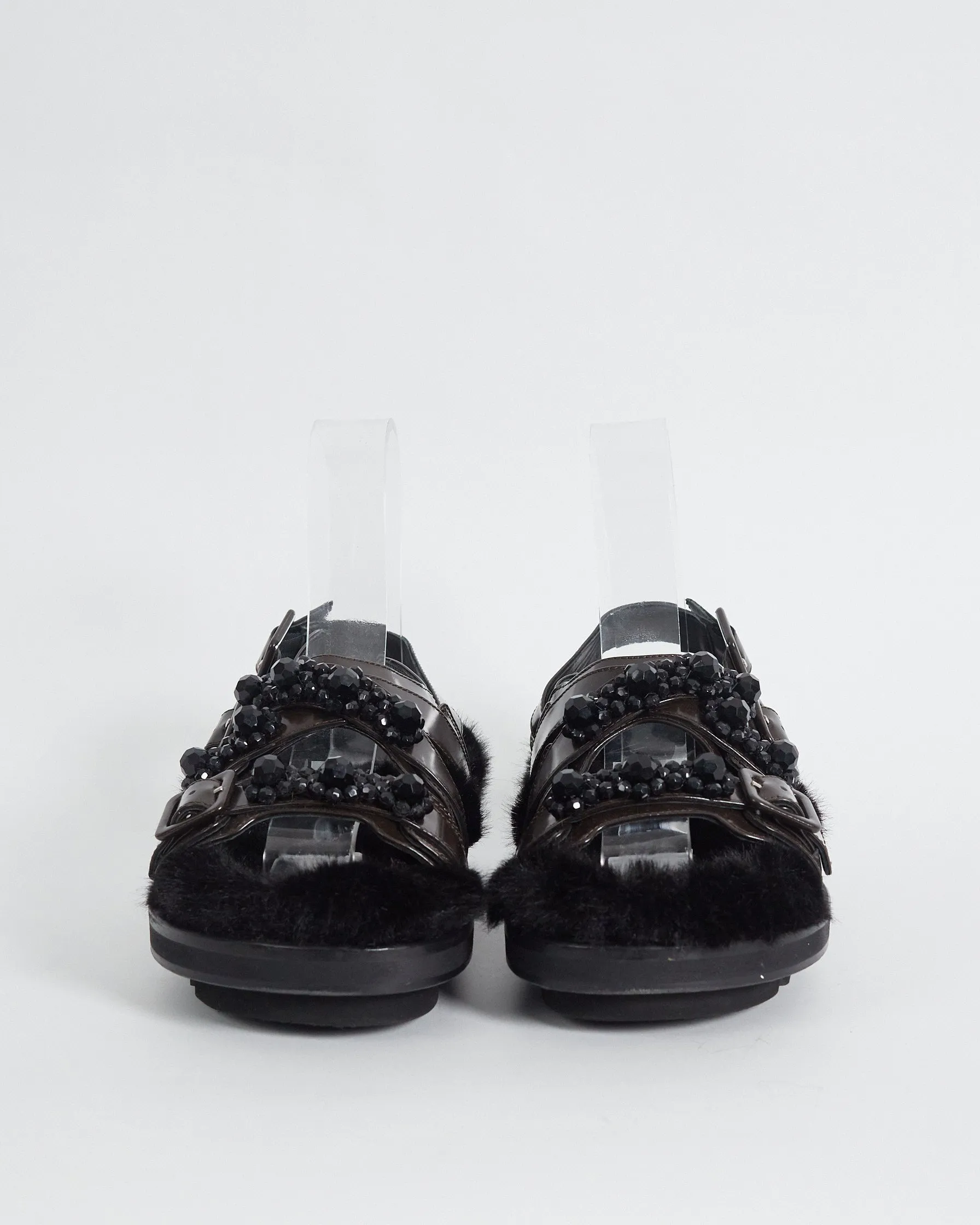 Simone Rocha 'track' faux fur lined beaded sandals, brown & black, 38