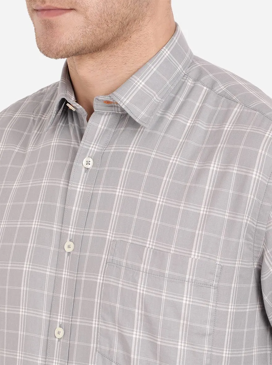 Stone Grey Checked Slim Fit Casual Shirt | Greenfibre