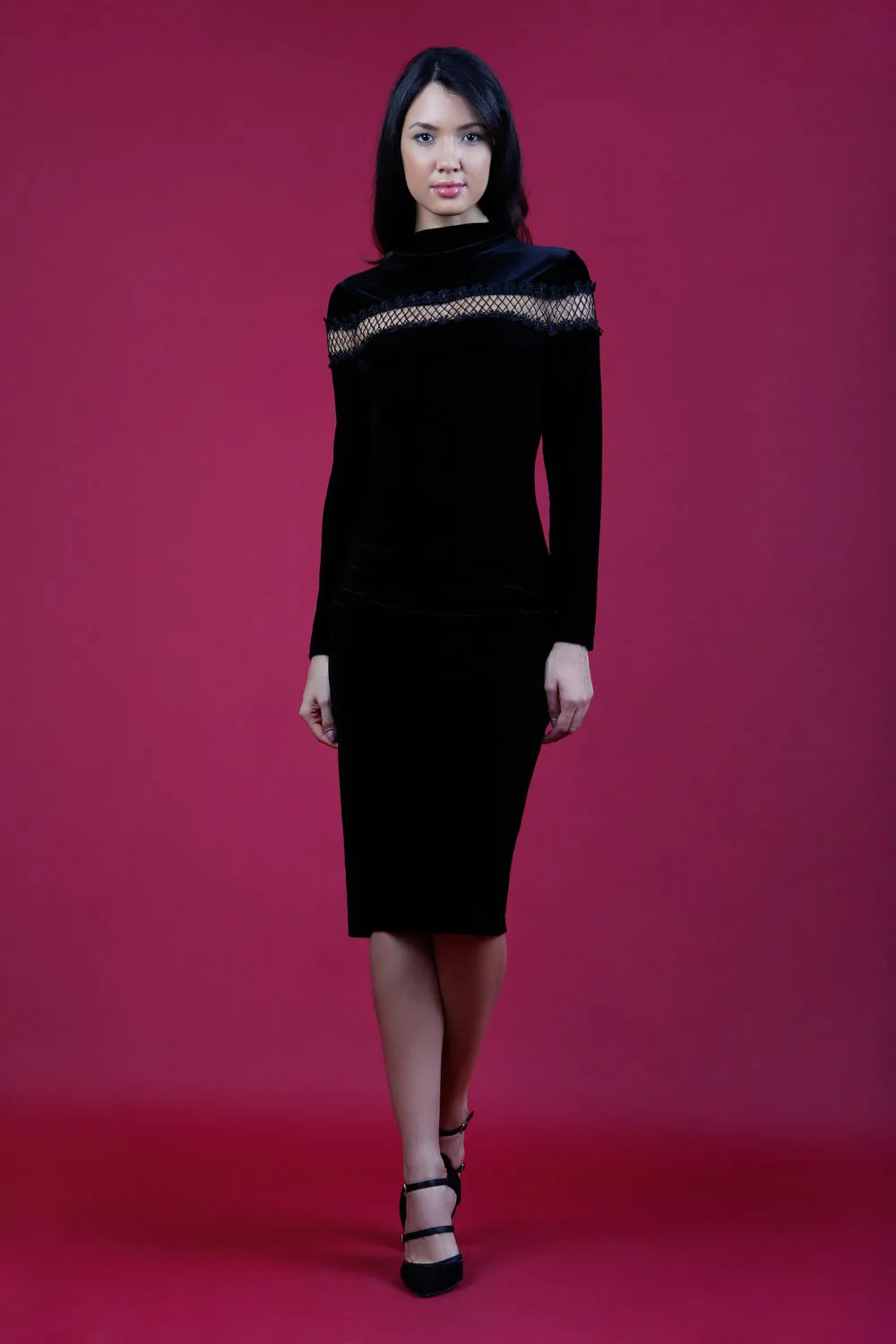 Trocadero Long Sleeve Velvet Pencil Dress