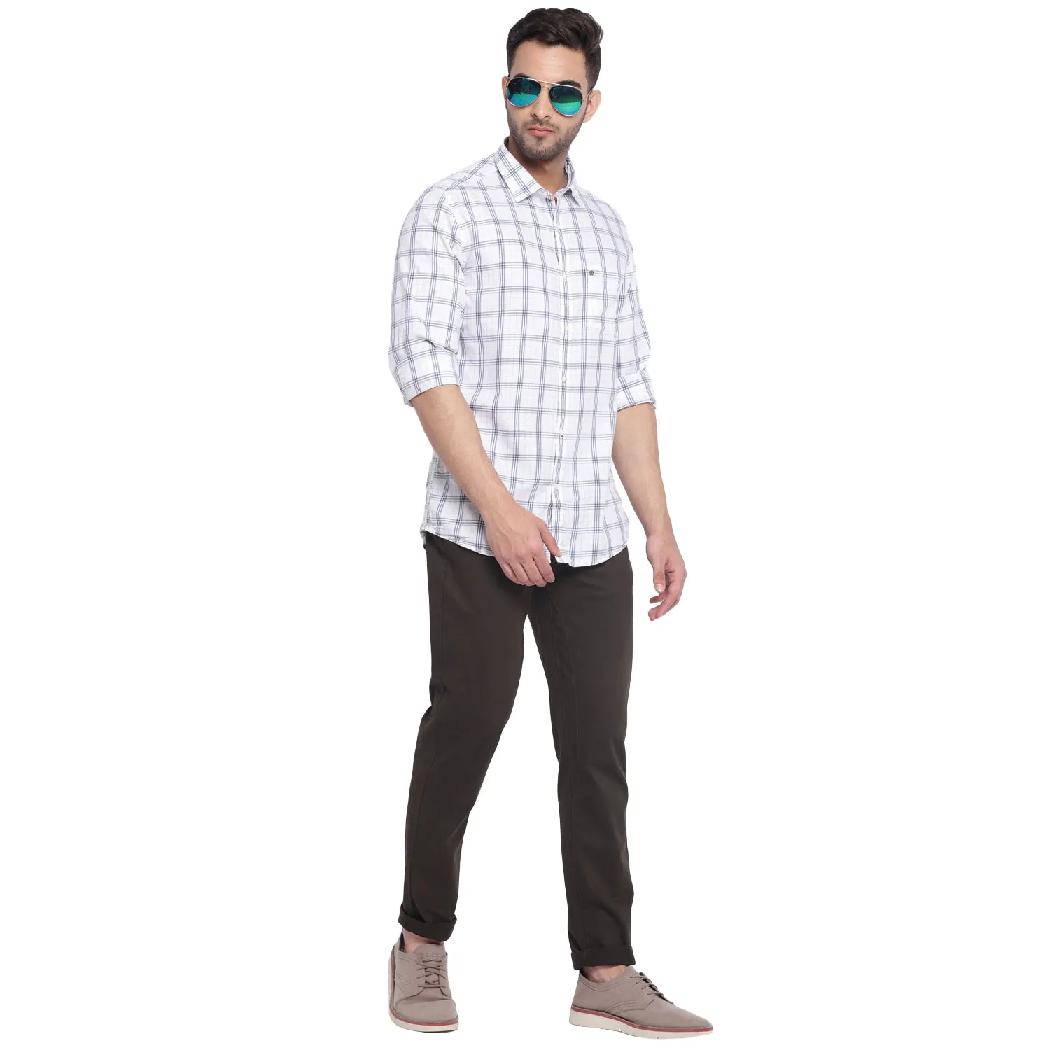 Turtle Men White Checked Cotton Slim Fit Shirts