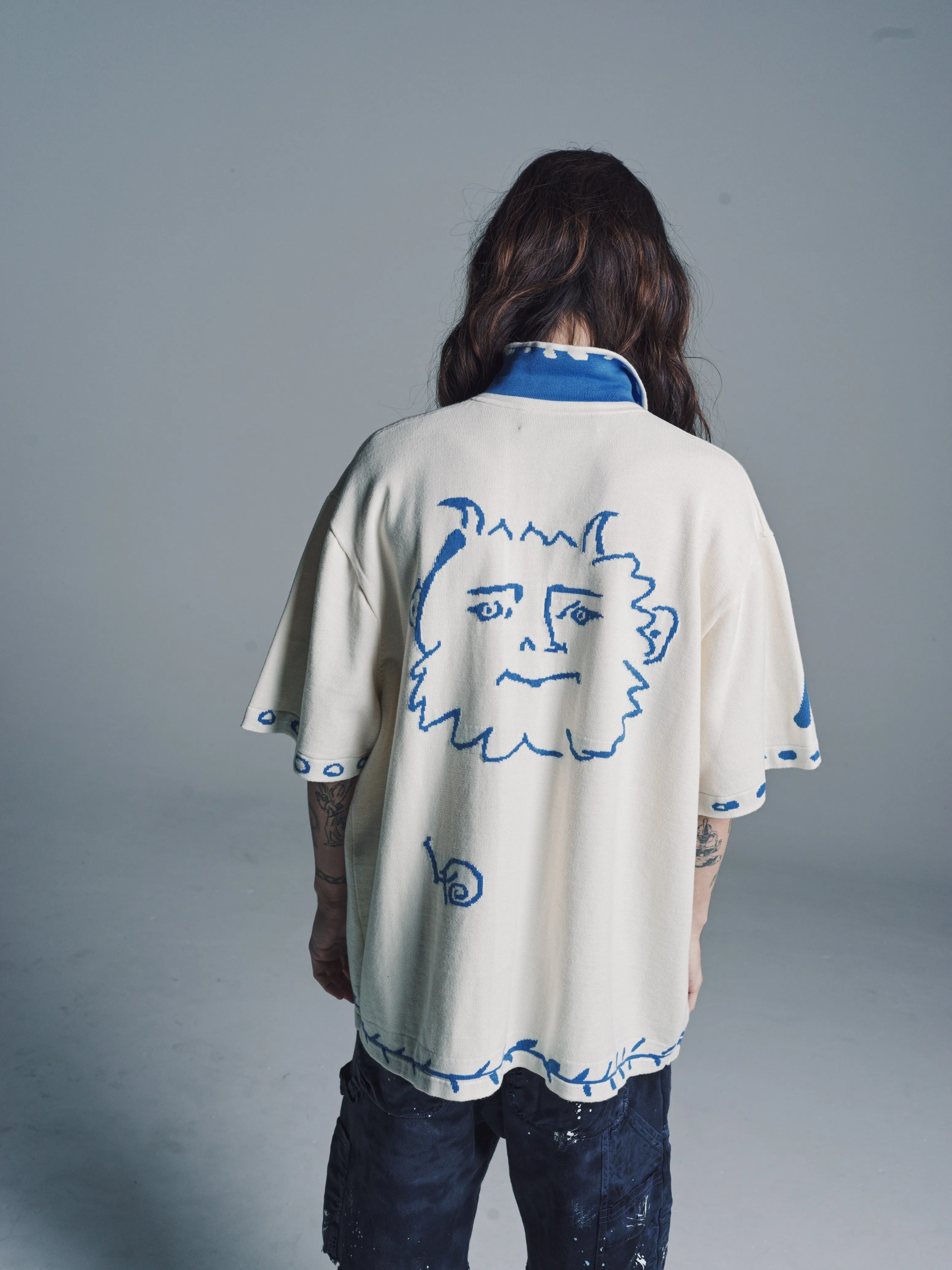 White & Blue Artist Island Knit Shirt