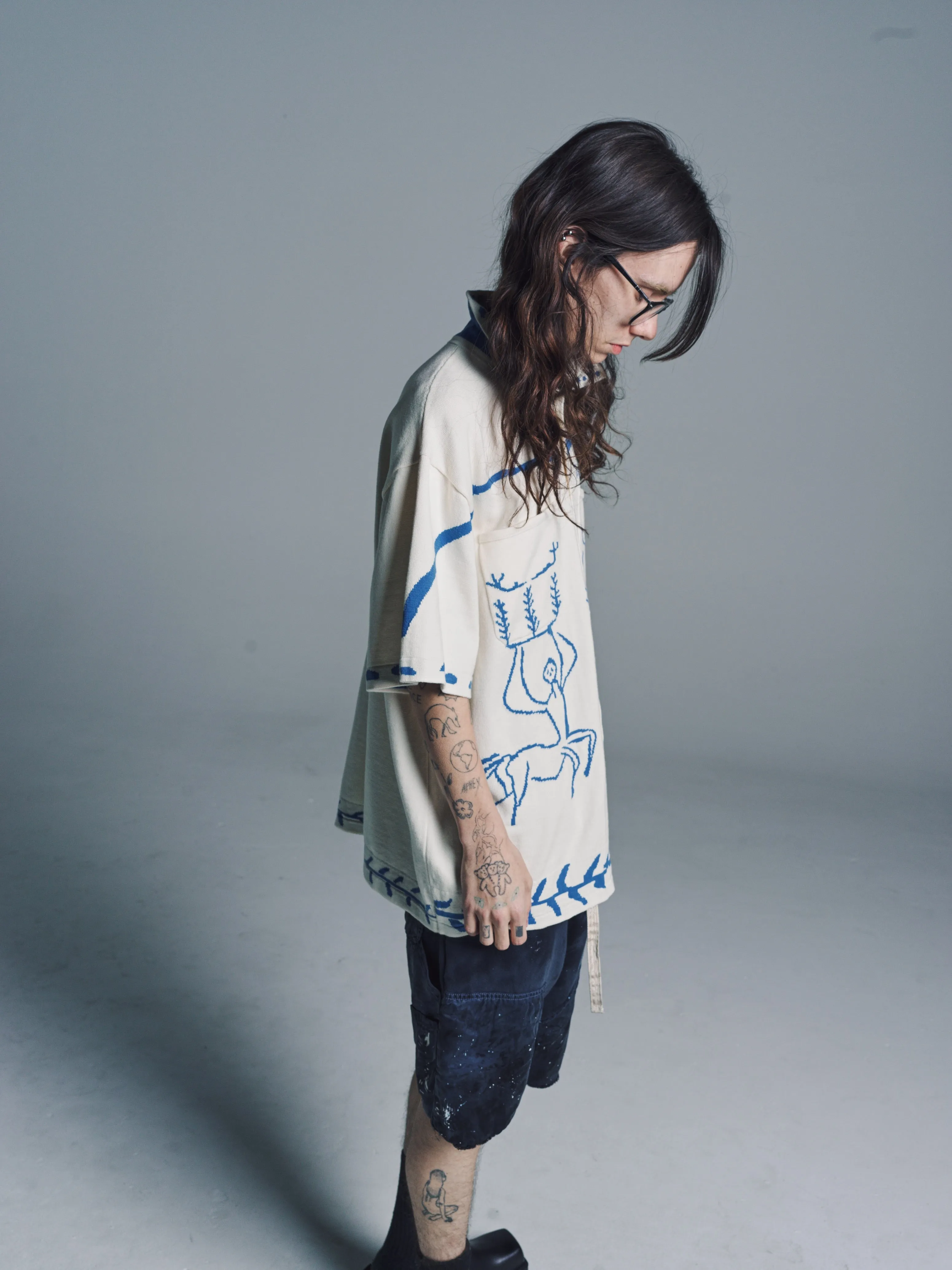 White & Blue Artist Island Knit Shirt