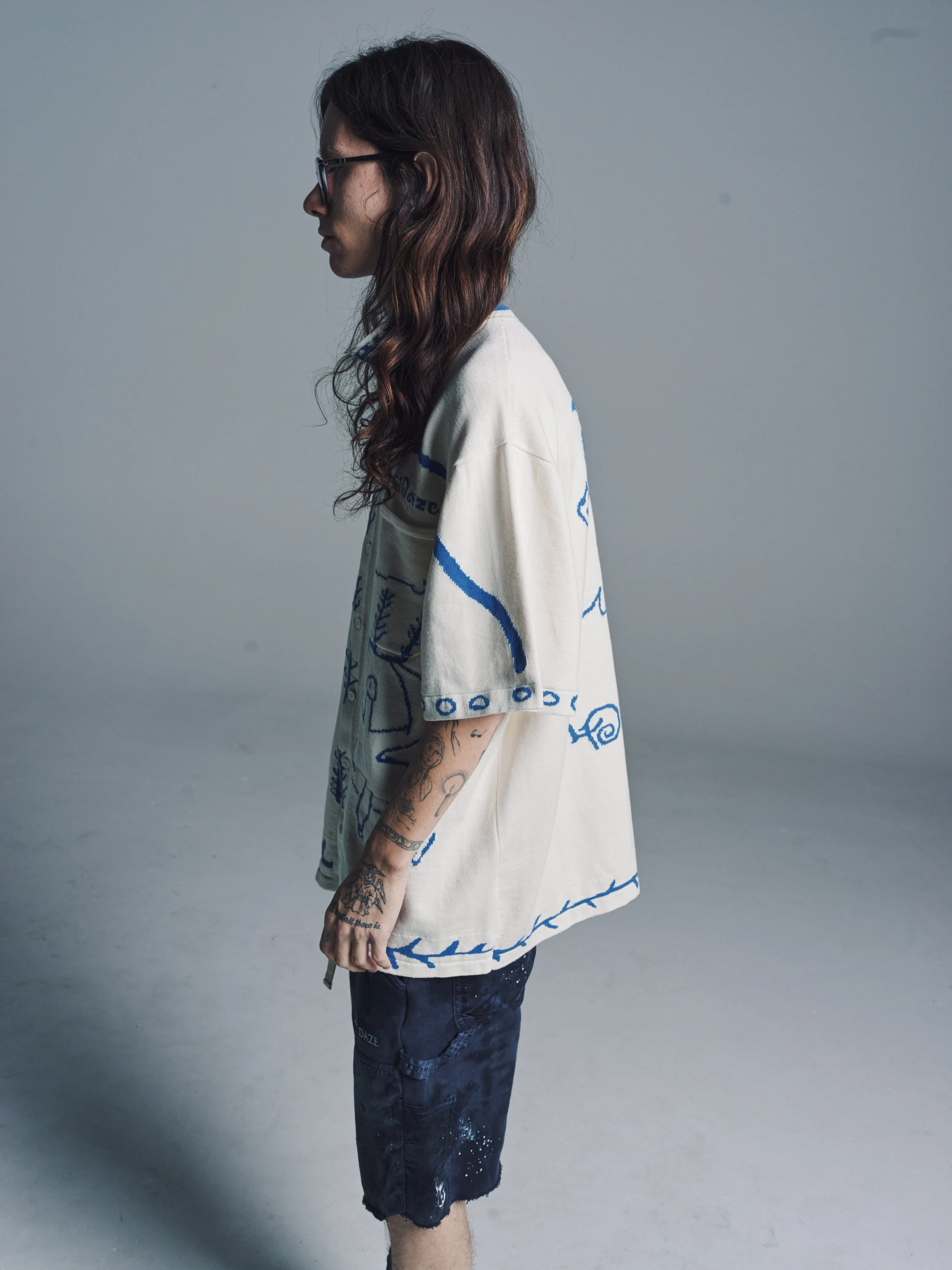 White & Blue Artist Island Knit Shirt