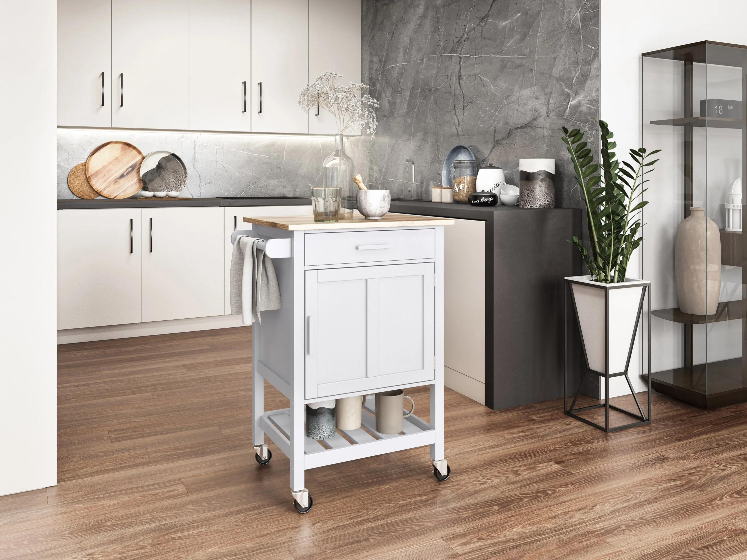 White Kitchen Cart on Wheels