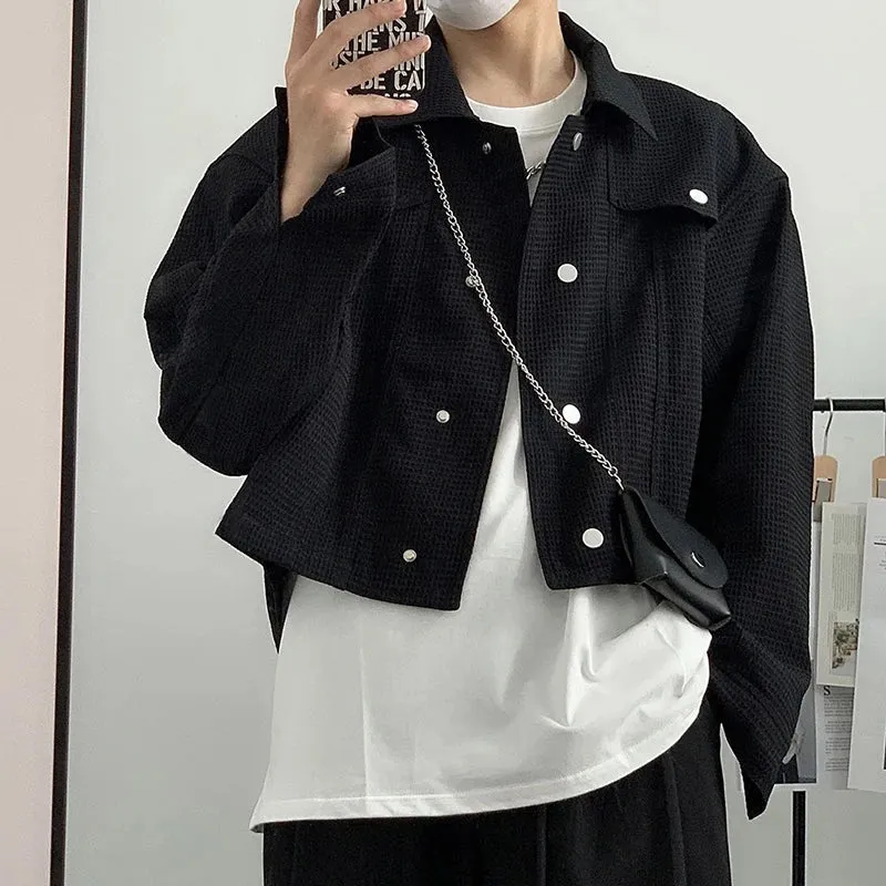 Wiaofellas  -  Spring Clothing Men's Leisure Short Jacket Streetwear Solid Color Button-down Collar Korean Harajuku Long Sleeve Luxury Coats