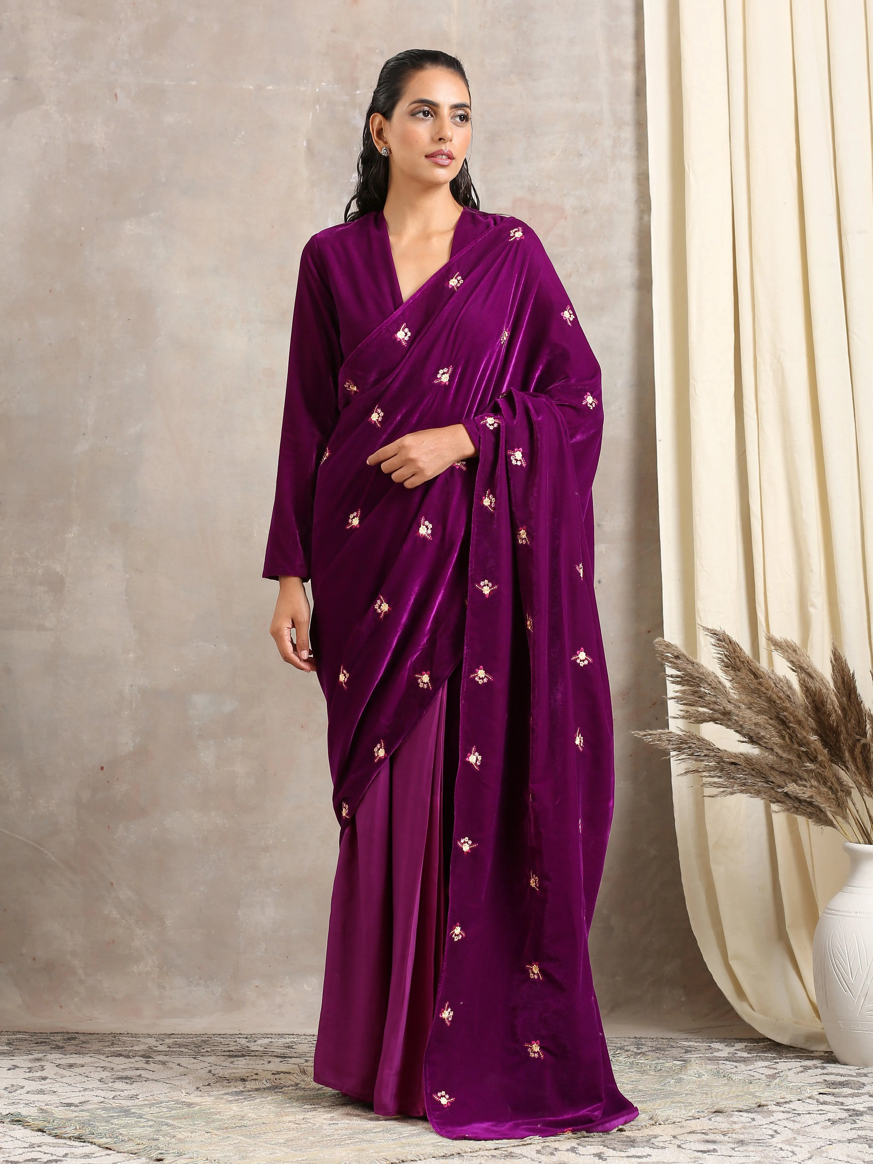 Wine Velvet Silk Embroidered Ready To Wear Saree