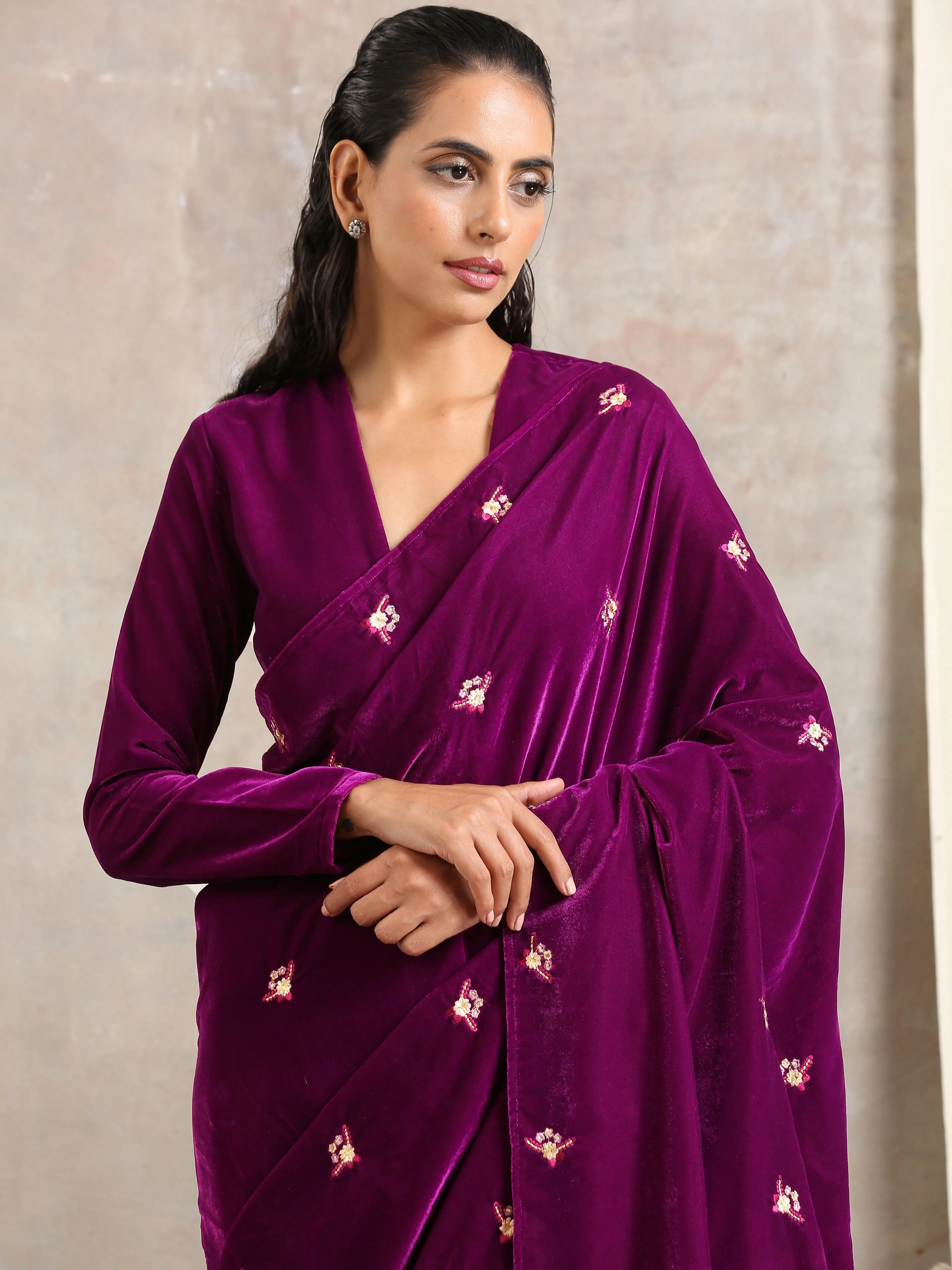 Wine Velvet Silk Embroidered Ready To Wear Saree