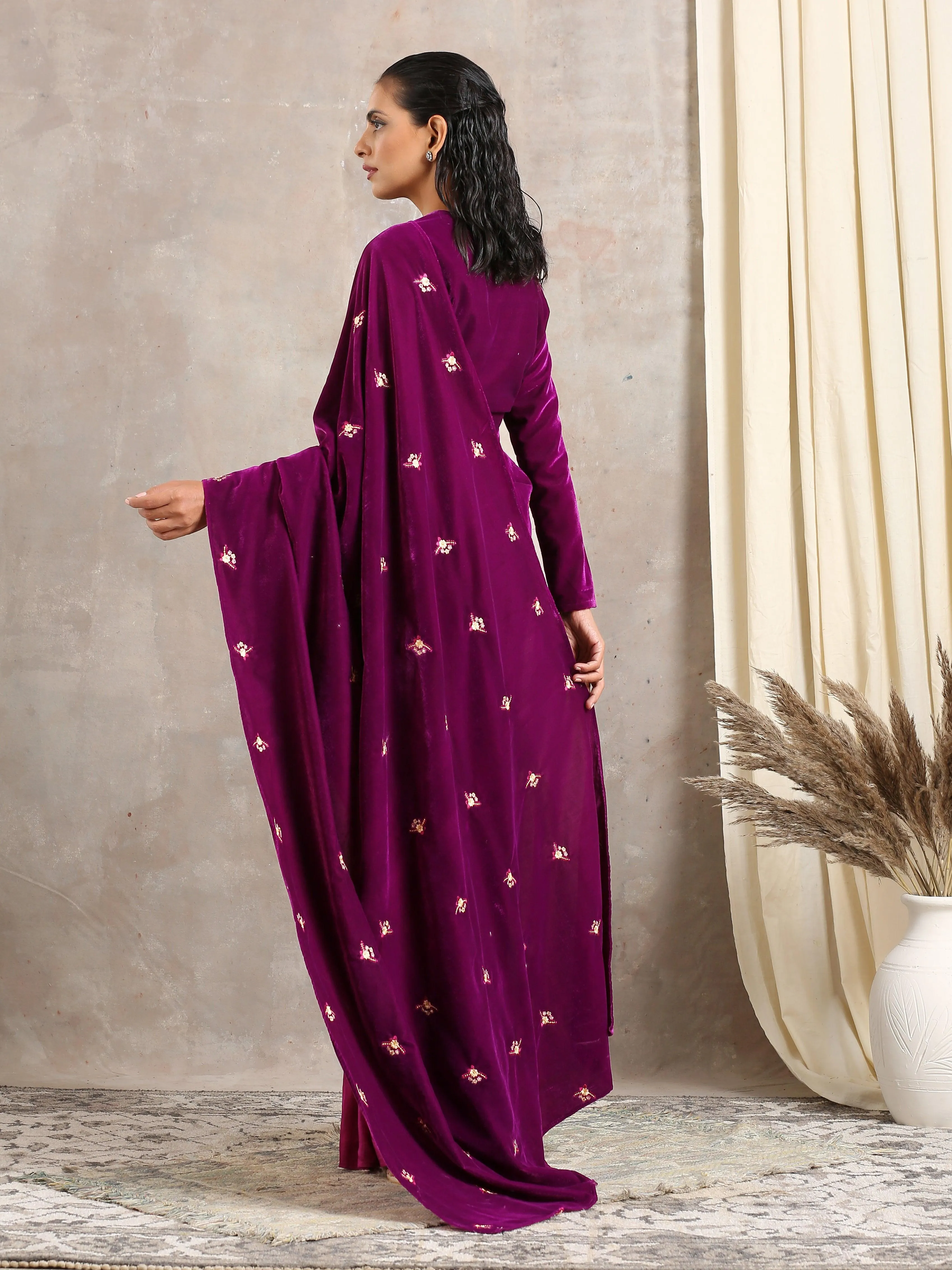 Wine Velvet Silk Embroidered Ready To Wear Saree