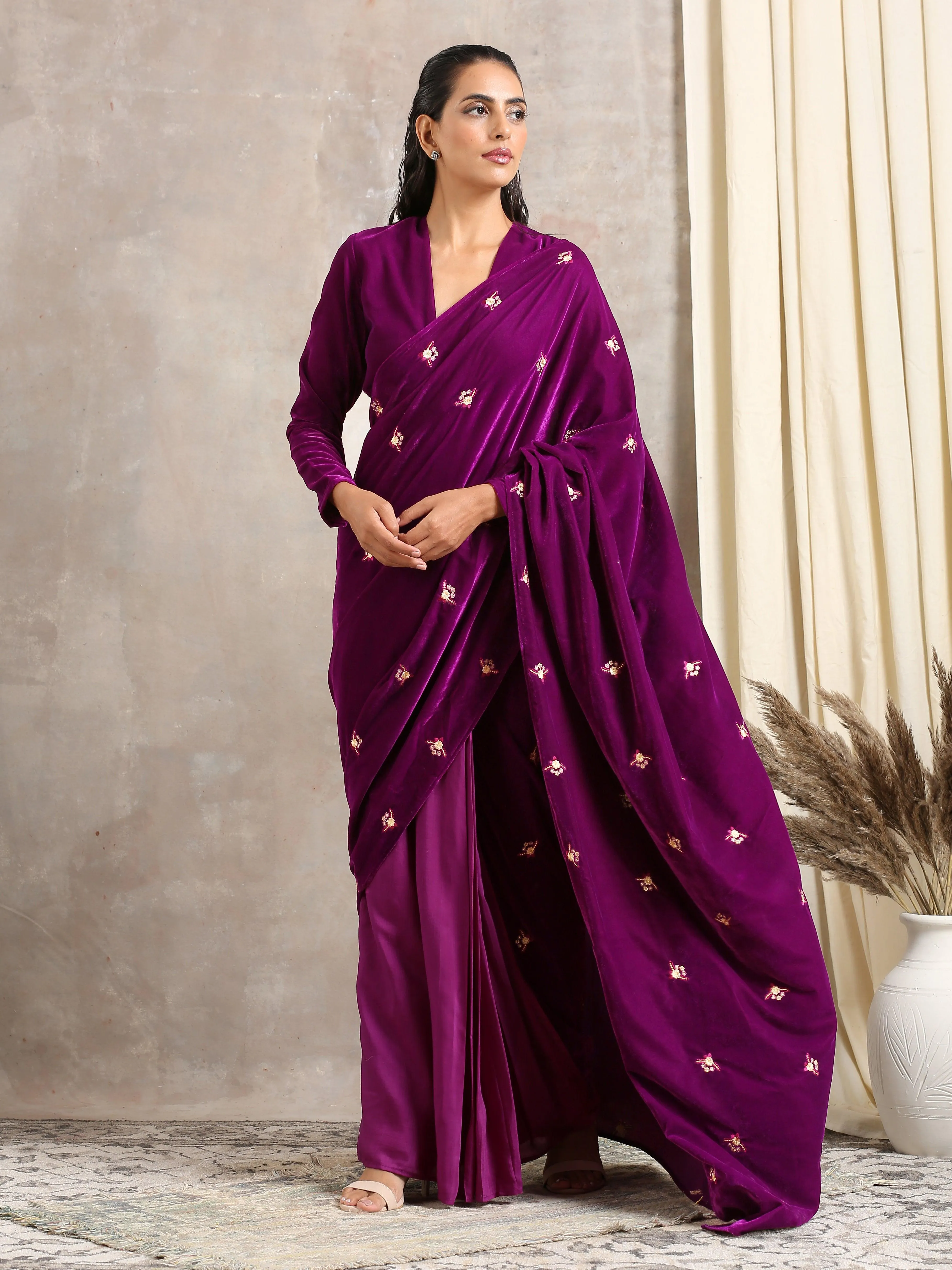 Wine Velvet Silk Embroidered Ready To Wear Saree